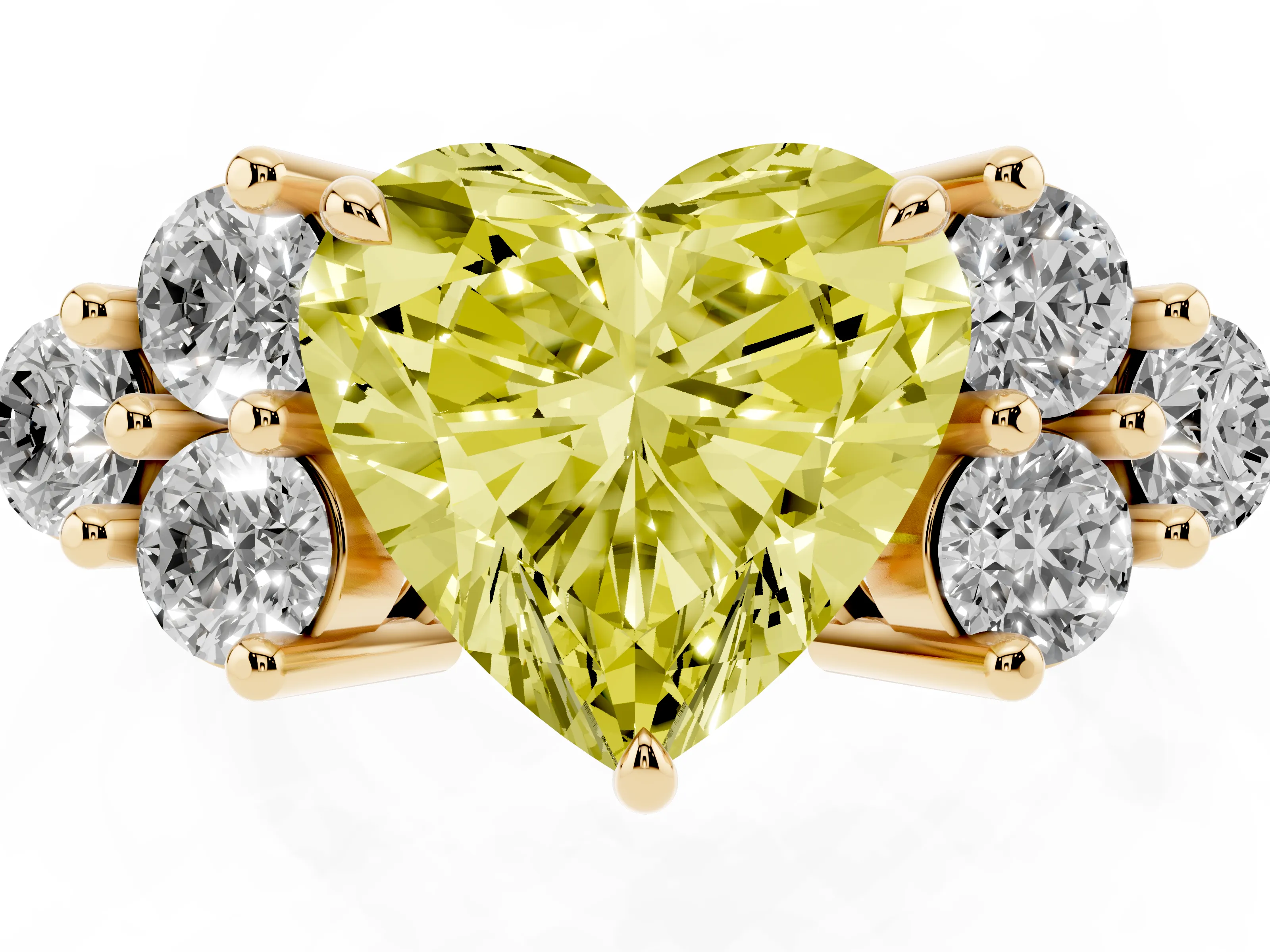 Fancy Yellow Heart Cut Diamond Solitaire Ring Set in Yellow gold with Cluster Accents on Each Side