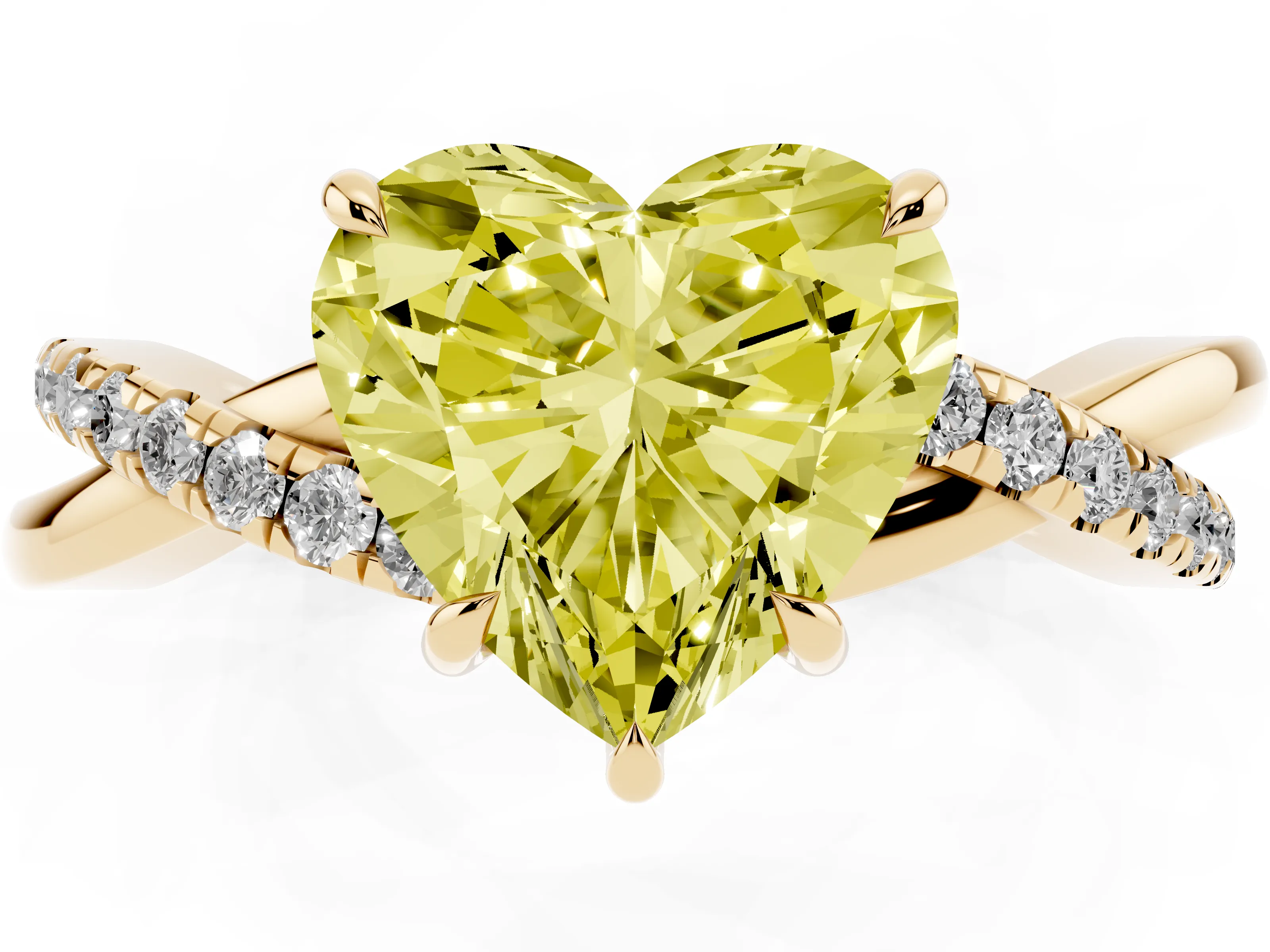 Fancy Yellow Heart Cut Diamond Twisted Pavé Band Ring Set in Yellow gold with Prong Setting