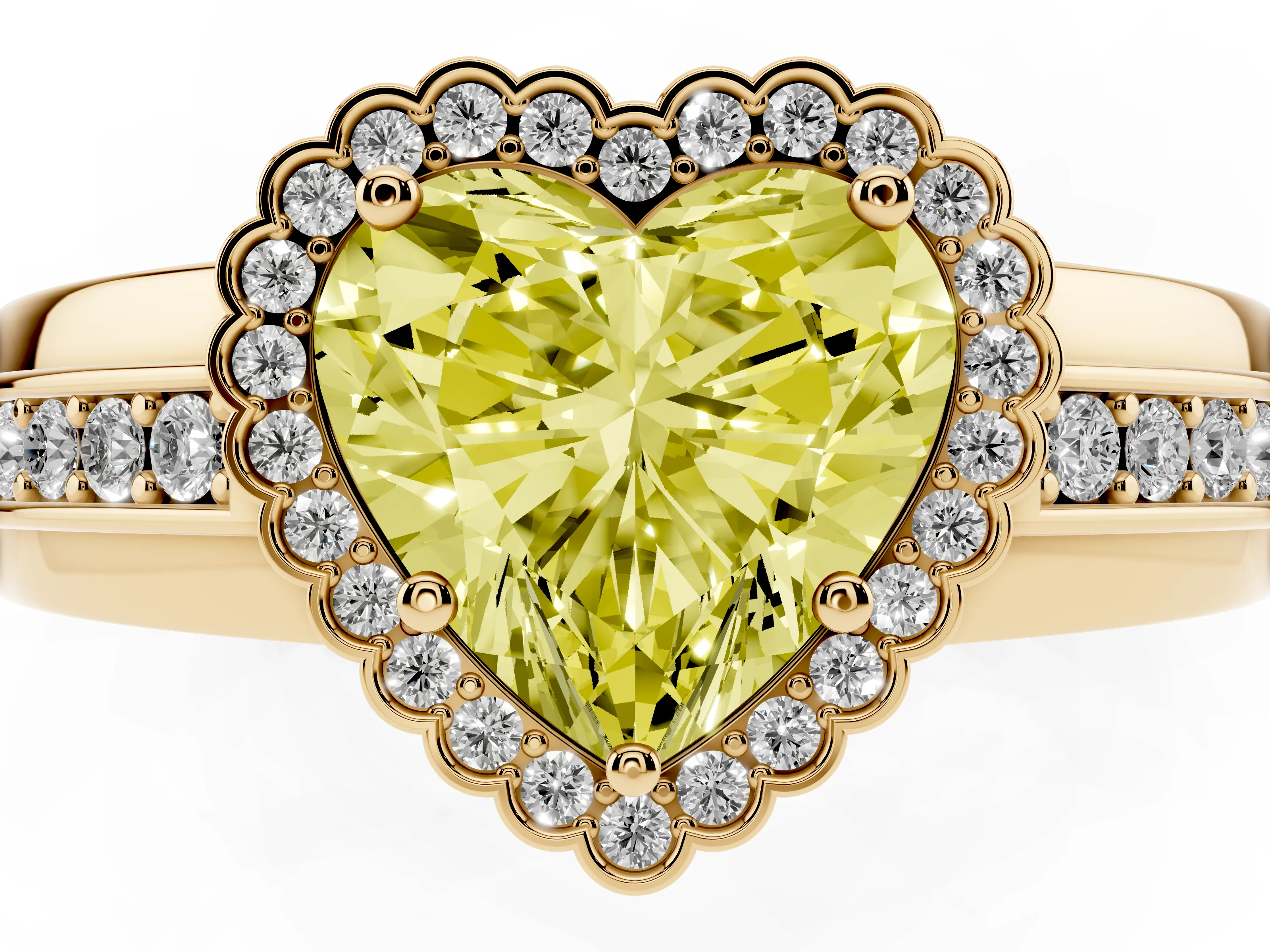 Fancy Yellow Heart Cut Diamond Halo Prong Ring Set in Yellow gold with Pavé Band
