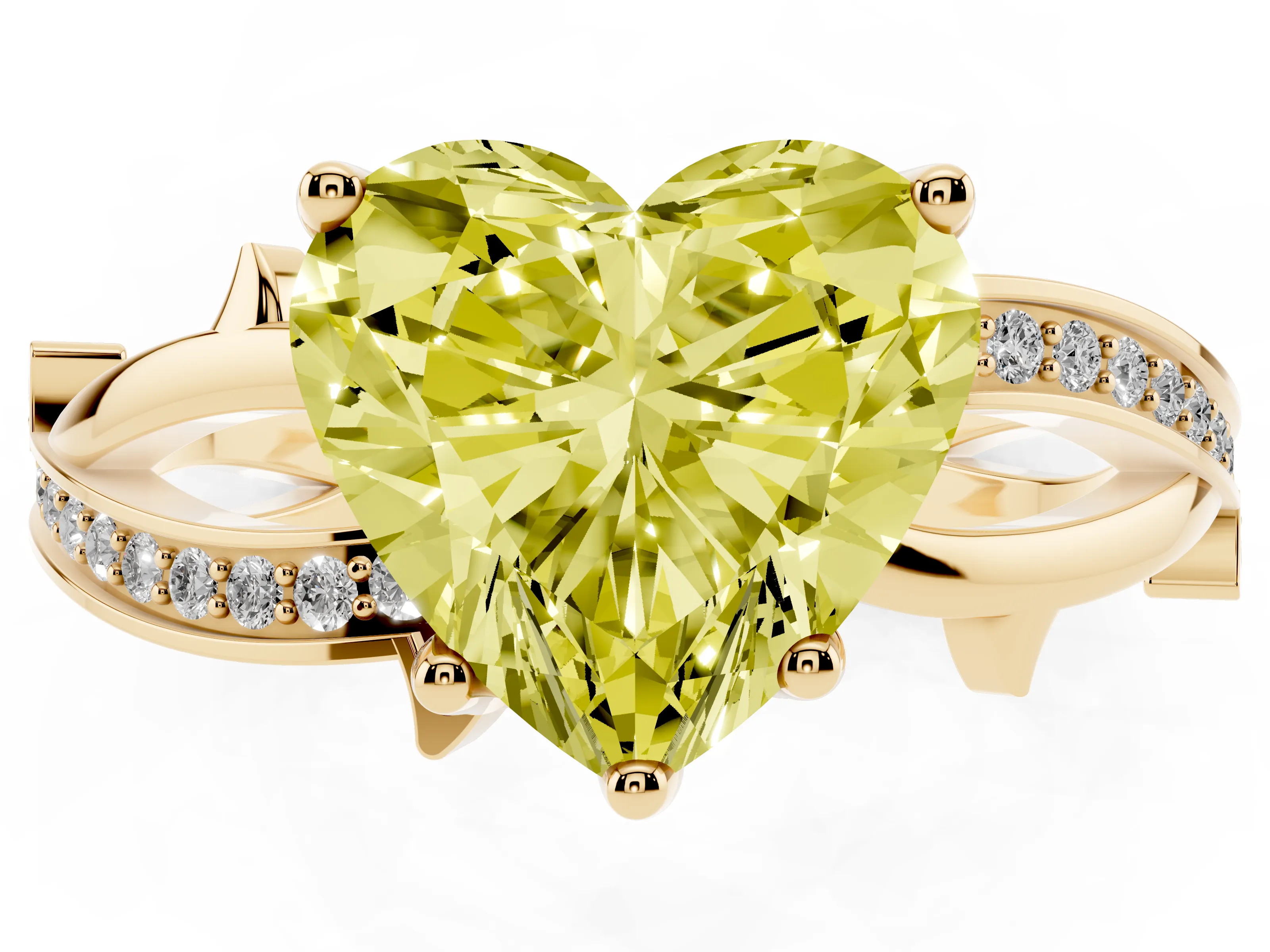 Fancy Yellow Heart Cut Diamond Pavé Twist Band Solitaire Ring Set in Yellow gold with Prong Setting