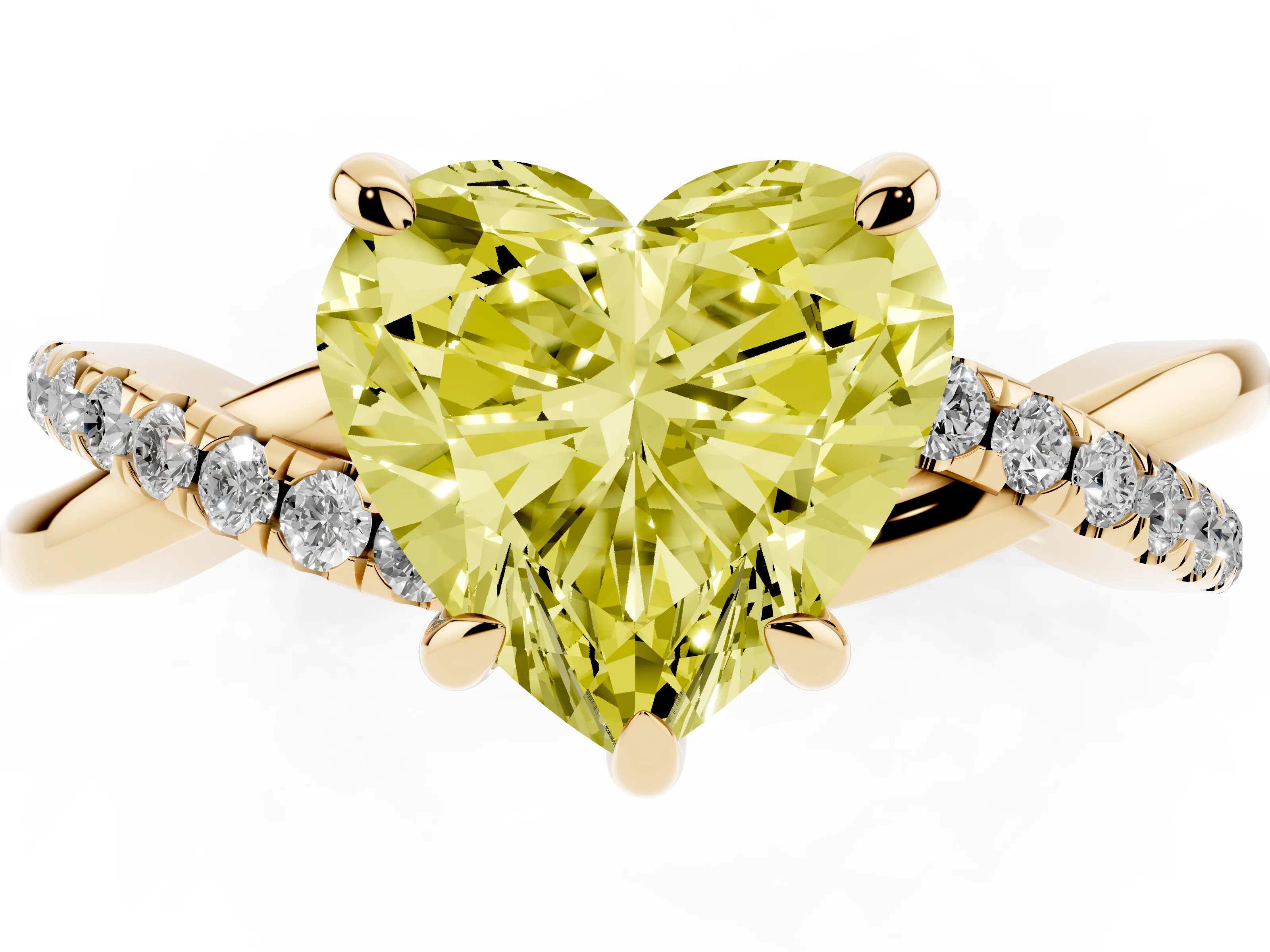 Fancy Yellow Heart Cut Diamond Twist Band Solitaire Set in Yellow gold with Pavé Accents and Prong Setting