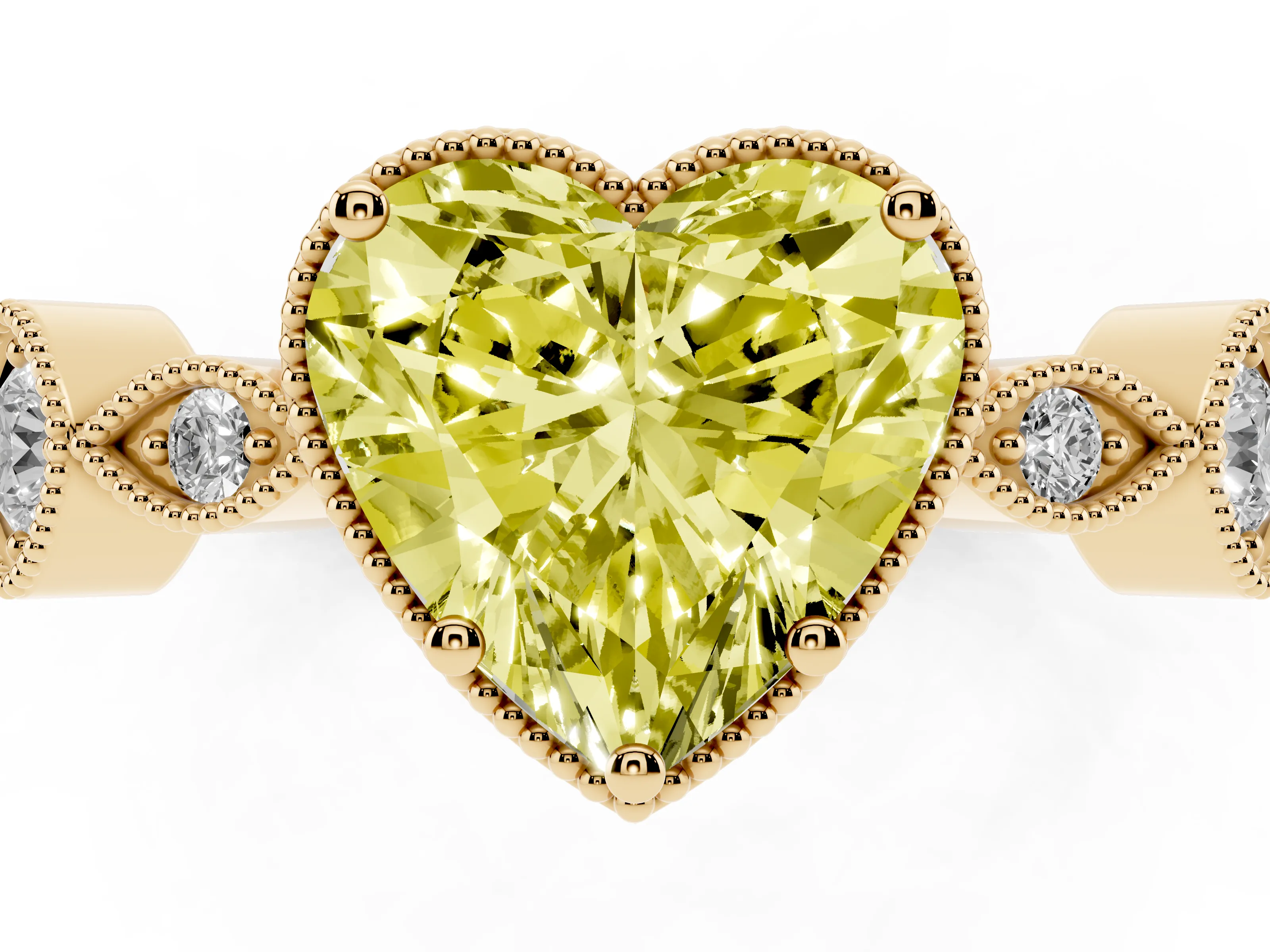 Fancy Yellow Heart Cut Diamond Vintage-Inspired Milgrain Ring Set in Yellow gold with Marquise Stations of Round Accents