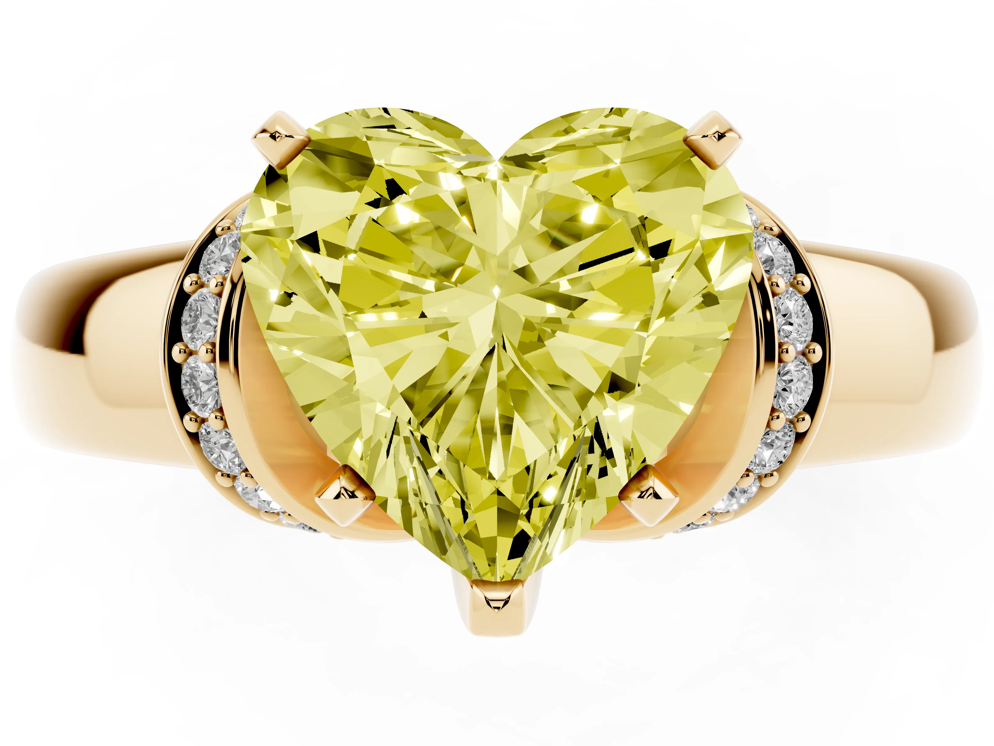 Fancy Yellow Heart Cut Diamond Pavé Band Solitaire Ring Set in Yellow gold with Prong Setting