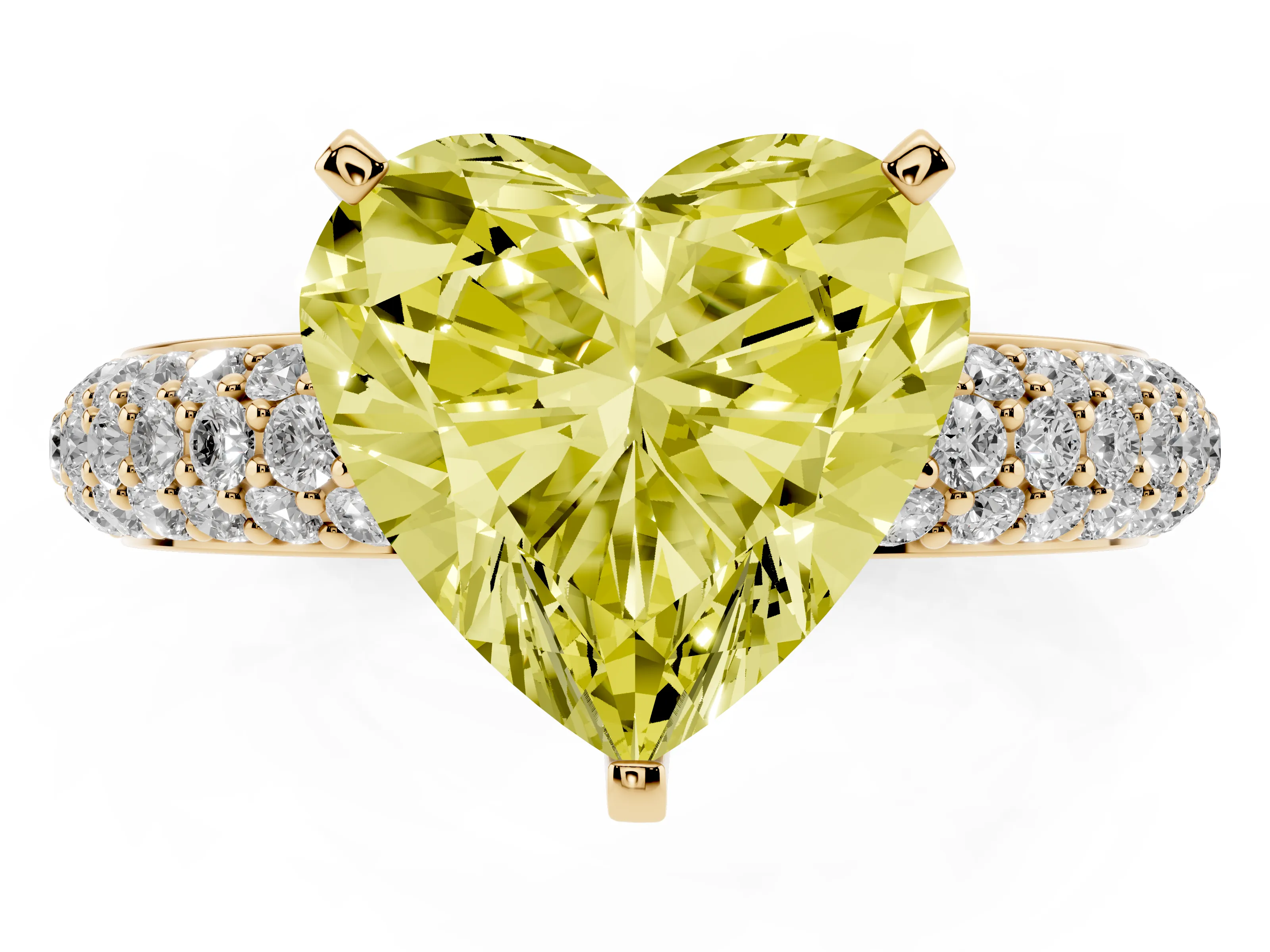 Fancy Yellow Heart Cut Diamond Solitaire Ring Set in Yellow gold with Prong Setting and Pavé-Set Band