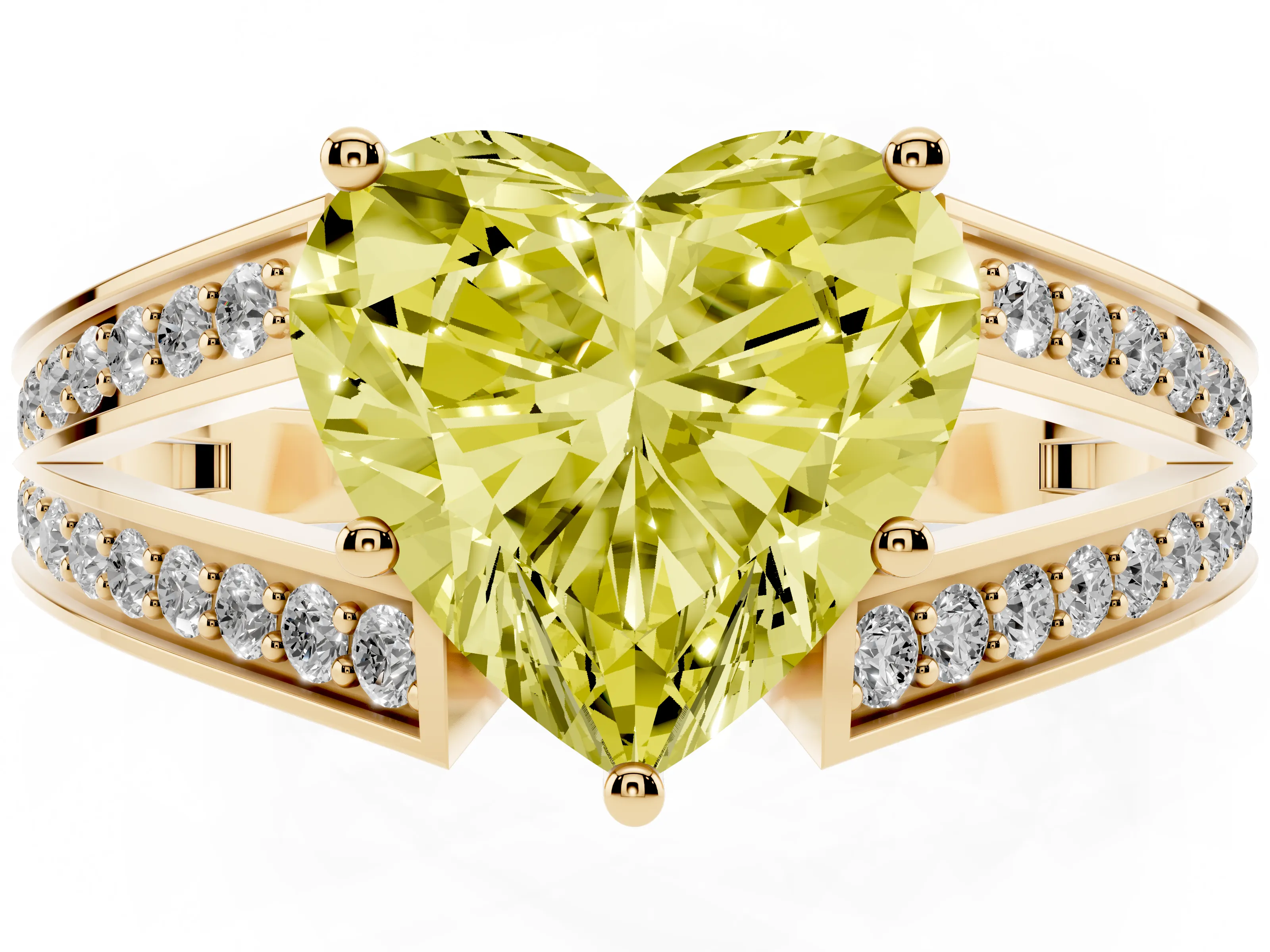 Fancy Yellow Heart Cut Diamond Split Shank Ring Set in Yellow gold with Pavé Band and Prong Setting