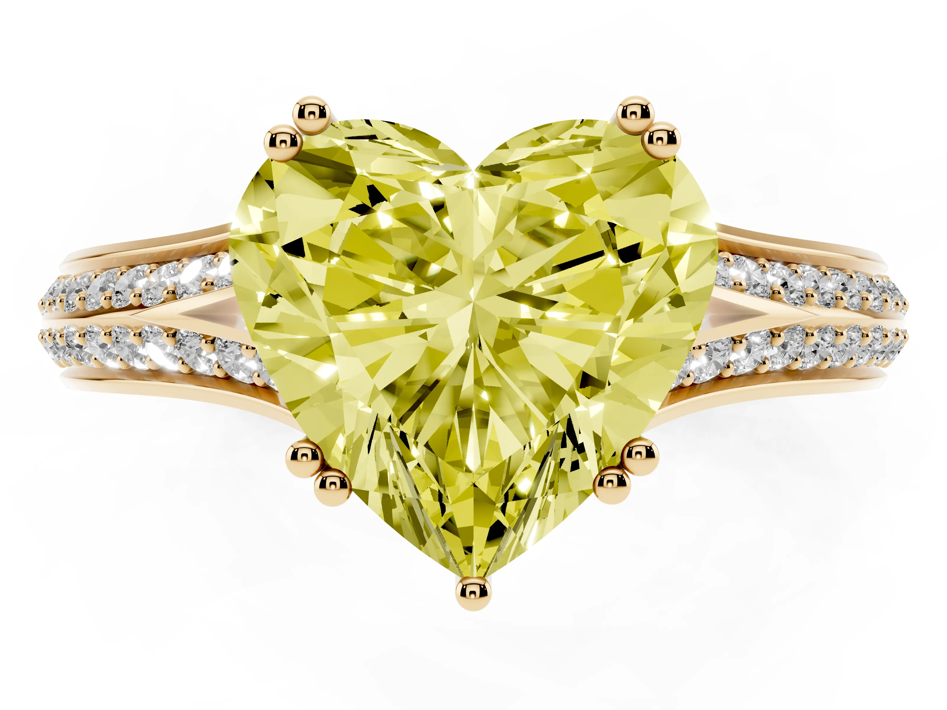 Fancy Yellow Heart Cut Diamond Split Shank Pavé Engagement Ring Set in Yellow gold with Prong-Set Center Stone