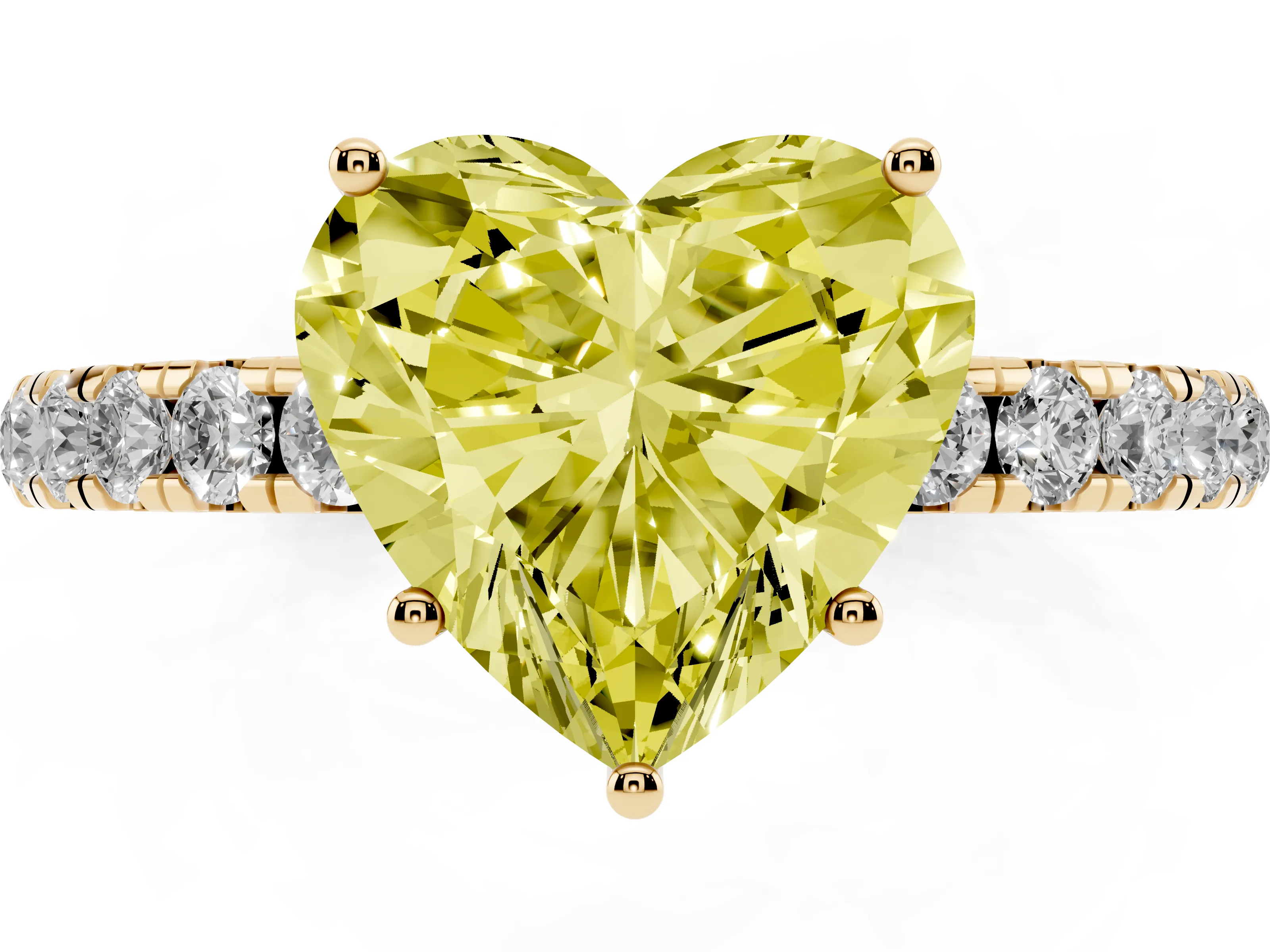 Fancy Yellow Heart Cut Diamond Pavé Solitaire Engagement Ring Set in Yellow gold with Prong Setting