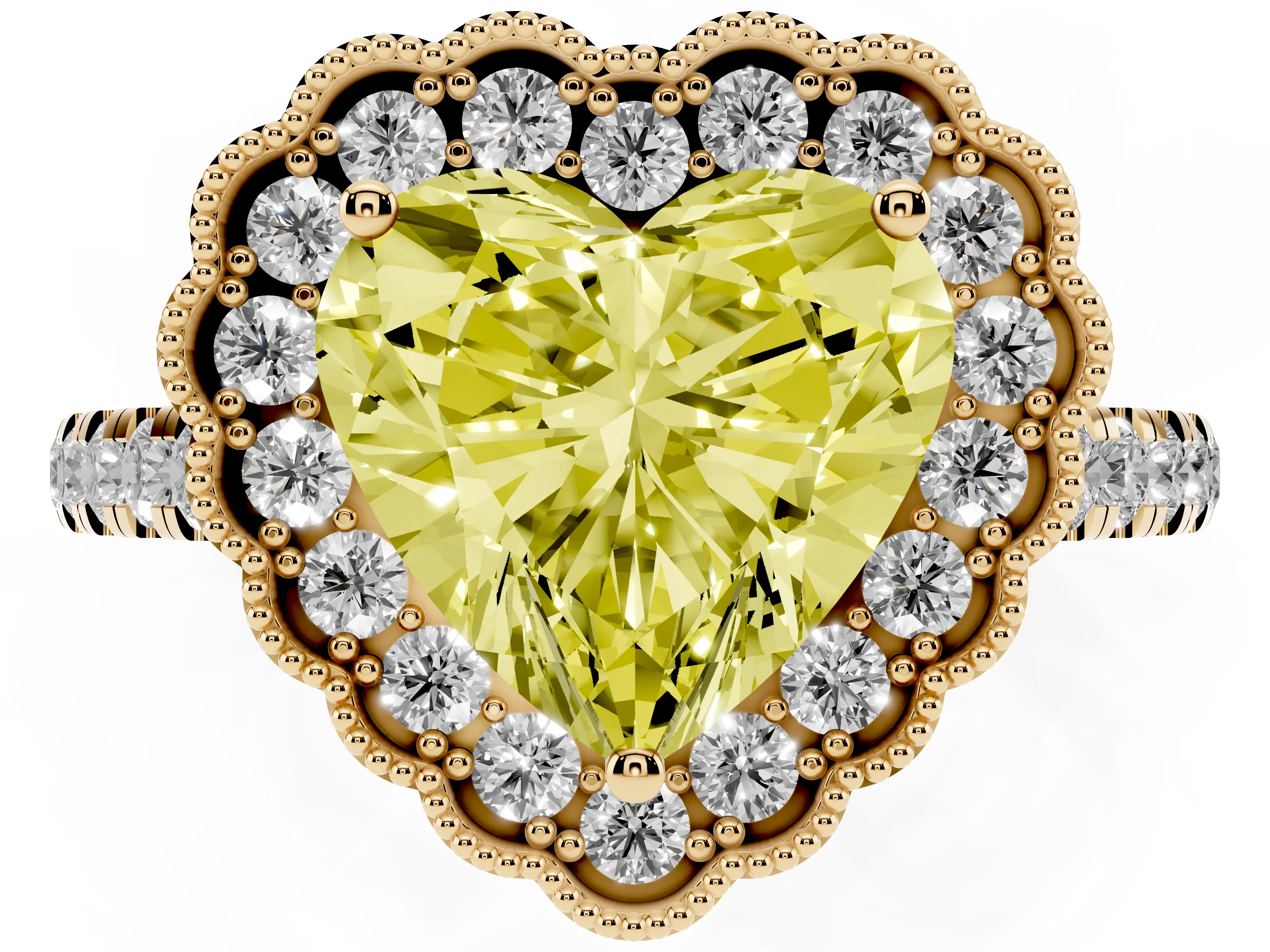Fancy Yellow Heart Cut Diamond Milgrain Floral Halo Engagement Ring Set in Yellow gold with Pavé Band