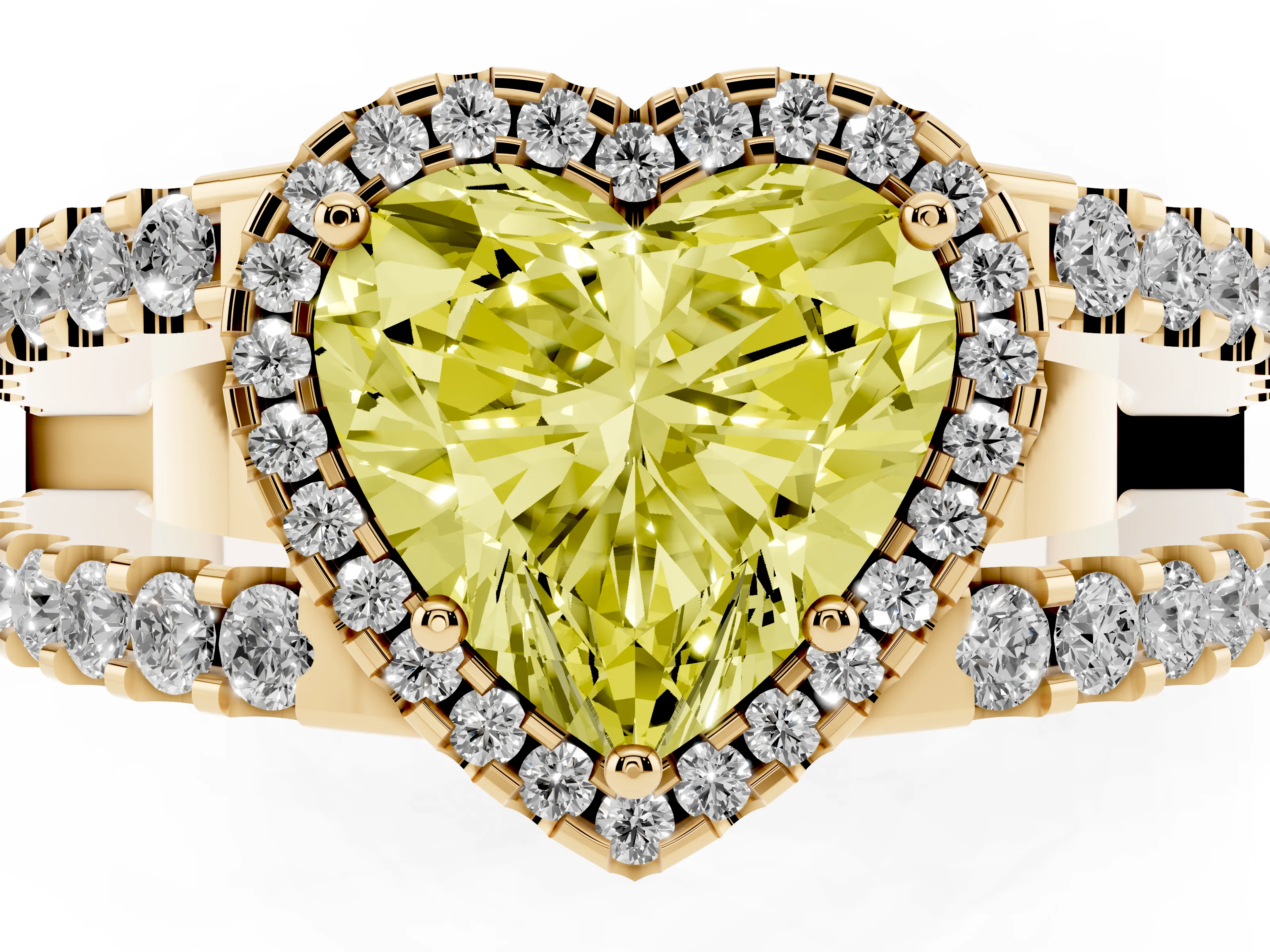 Fancy Yellow Heart Cut Diamond Halo Ring Set in Yellow gold with Pavé Split Shank and Prong Setting