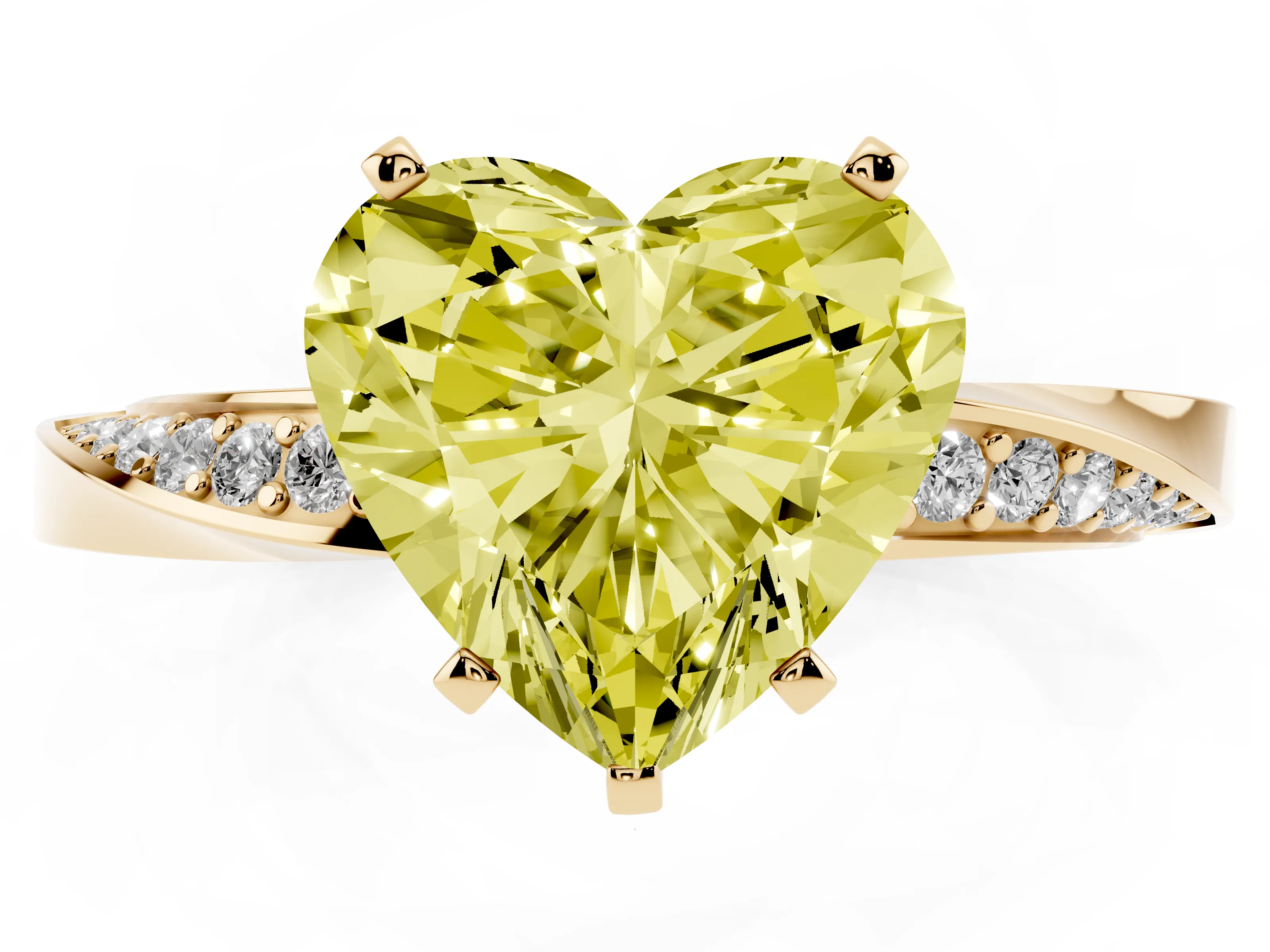 Fancy Yellow Heart Cut Diamond Engagement Ring Set in Yellow gold with Side Stone Accents and Prong Setting