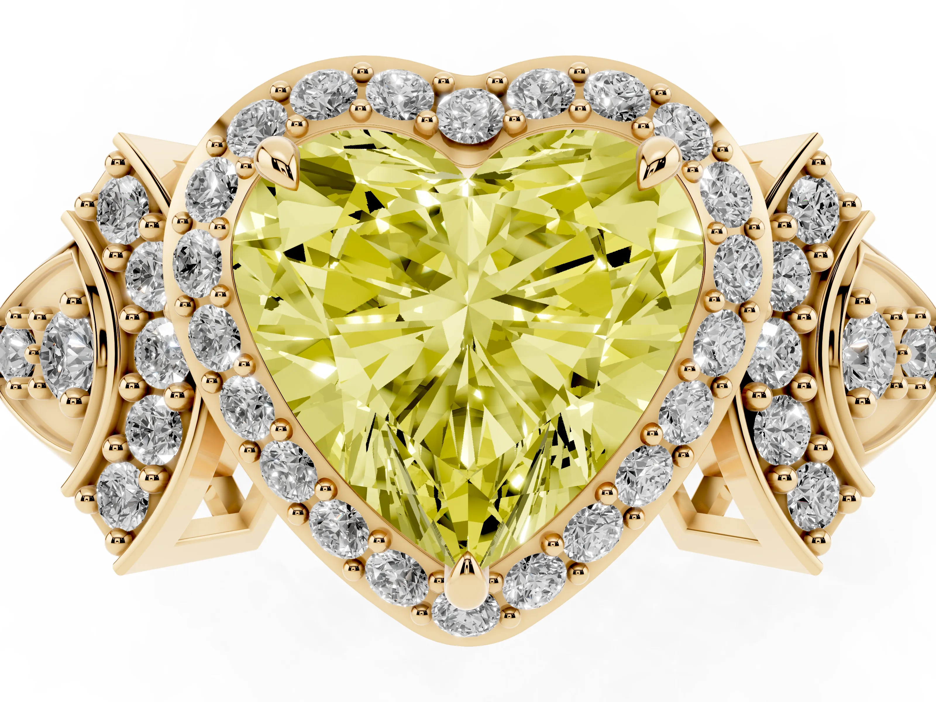 Fancy Yellow Heart Cut Diamond Halo Engagement Ring Set in Yellow gold with Accent Stone Split Shank