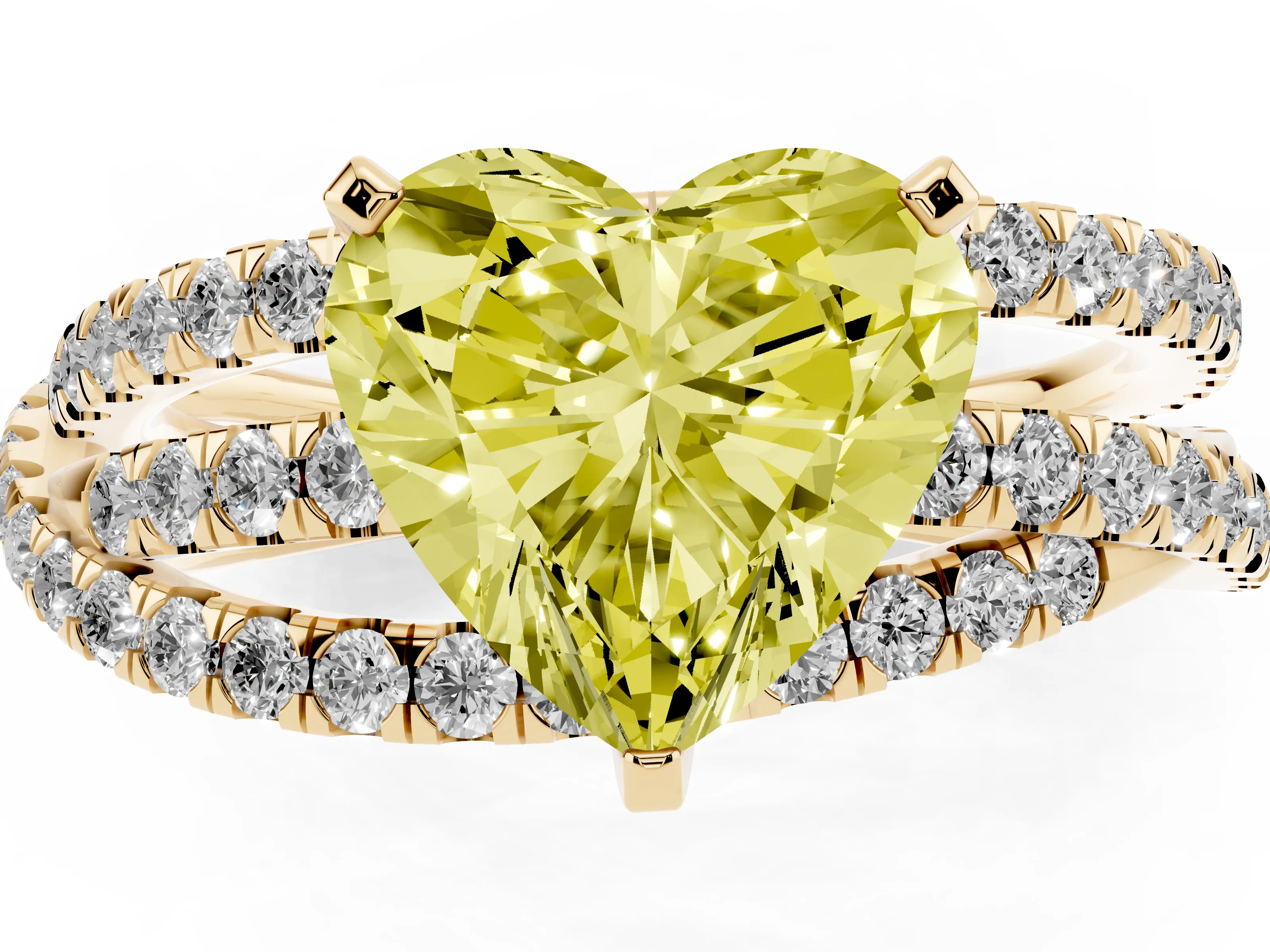 Fancy Yellow Heart Cut Diamond Solitaire Twist Band Ring Set in Yellow gold with Pavé Setting and Prong Head