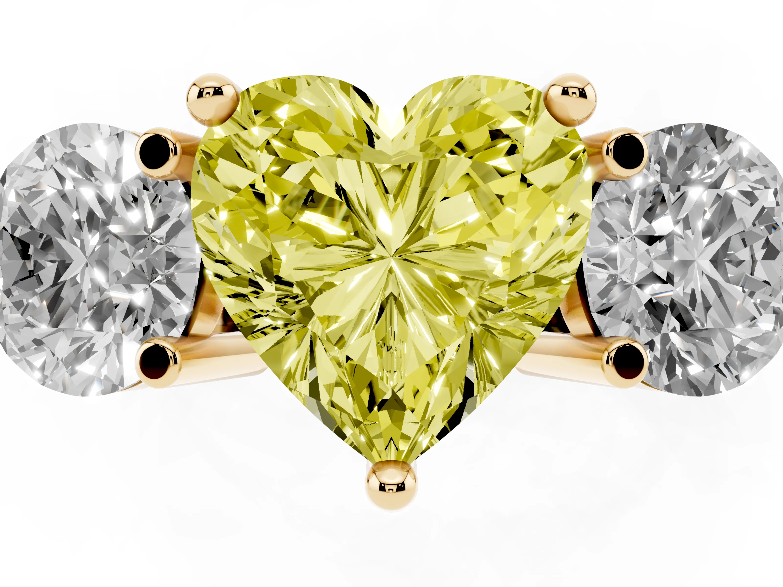 Fancy Yellow Heart Cut Diamond Three-Stone Ring Set in Yellow gold with Prong Setting and Classic Band