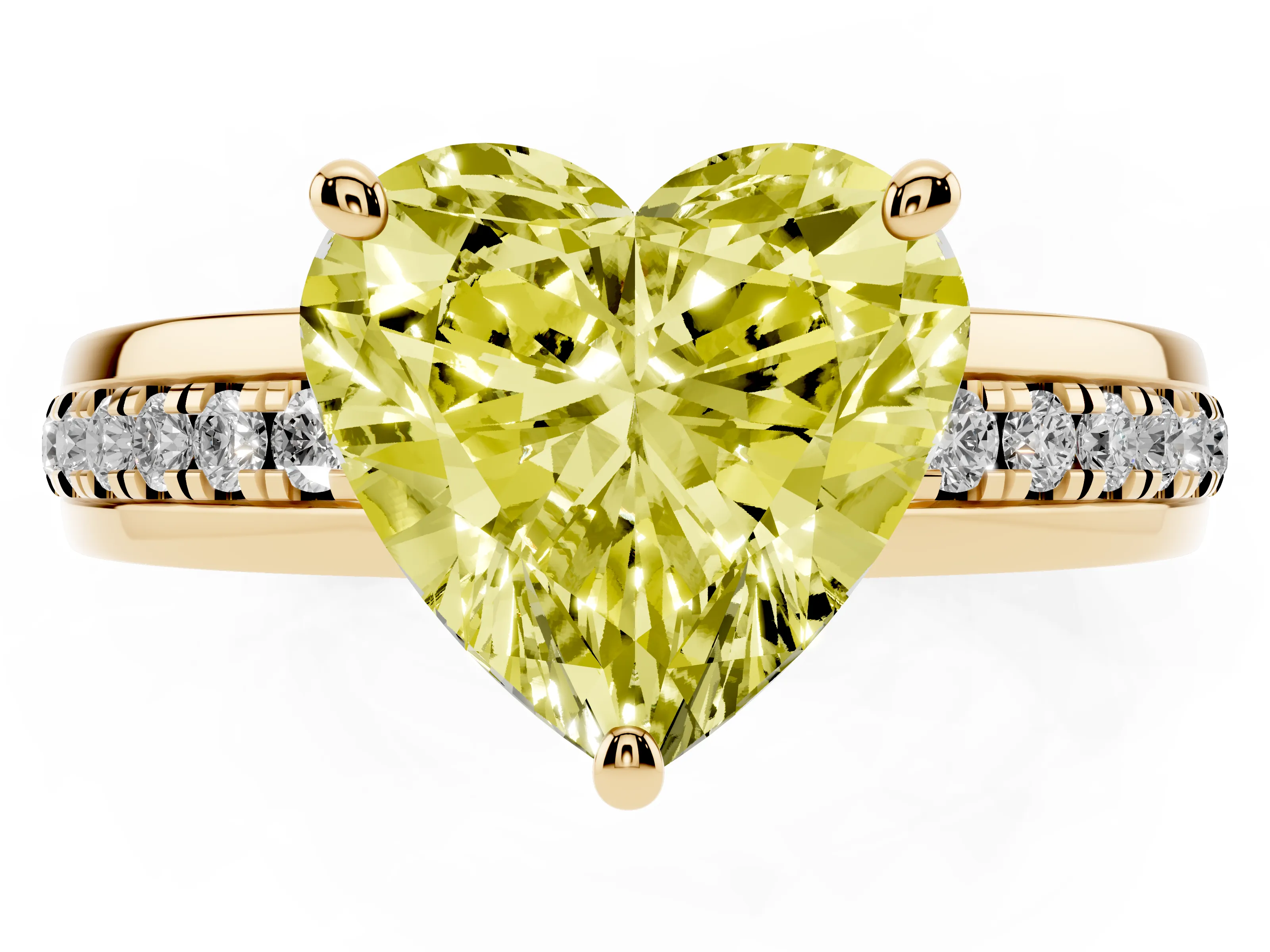 Fancy Yellow Heart Cut Diamond Solitaire Ring Set in Yellow gold with Channel Set Band and Prong Setting