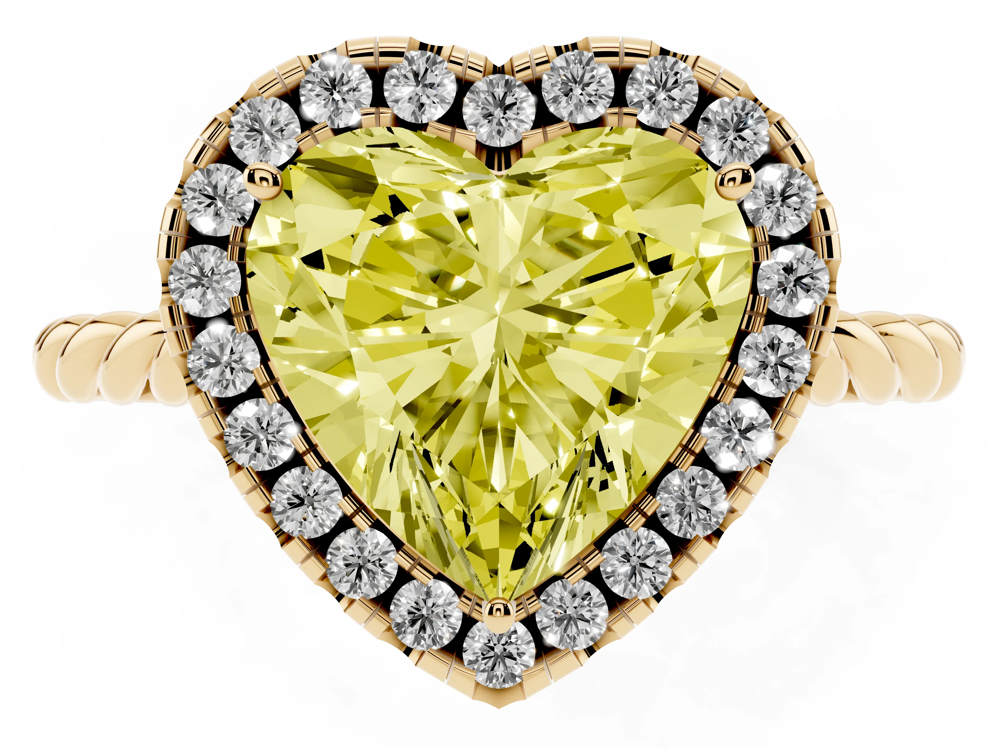 Fancy Yellow Heart Cut Diamond Halo Ring Set in Yellow gold with Plain Twisted Band