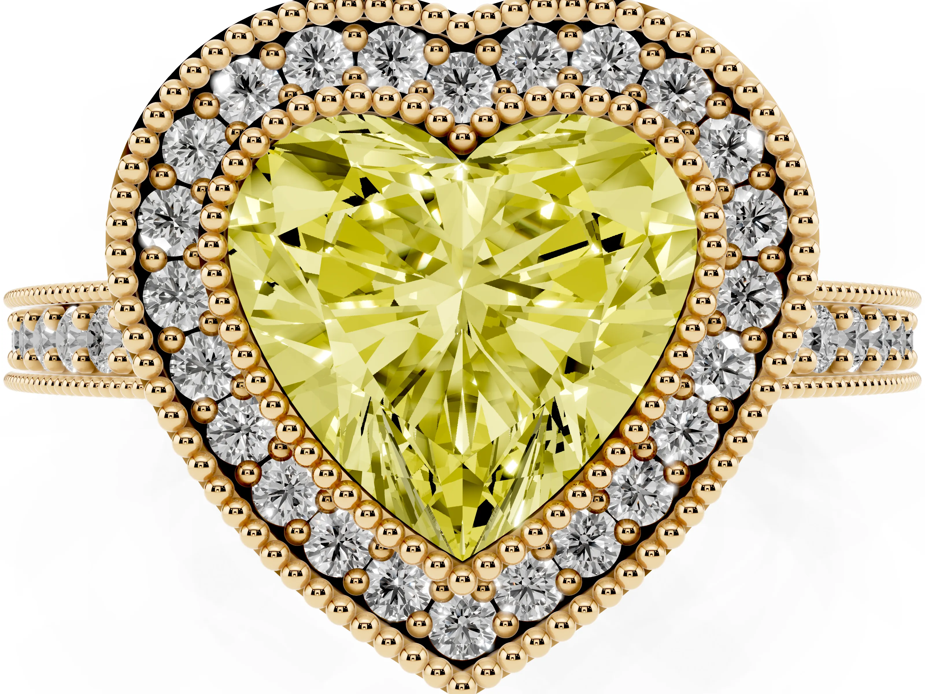 Fancy Yellow Heart Cut Diamond Halo Engagement Ring Set in Yellow gold with Pavé Band and Round Halo Stones
