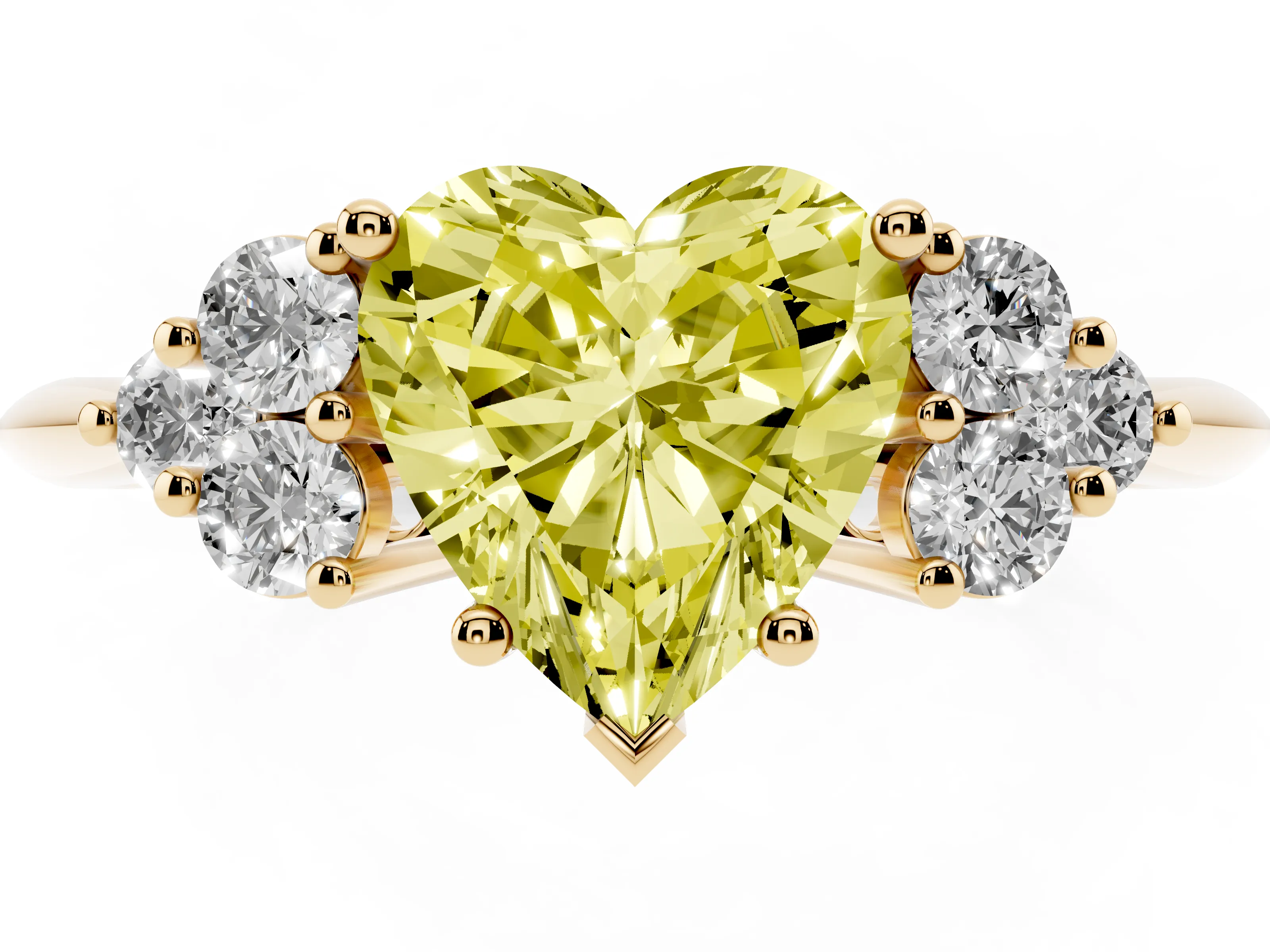 Fancy Yellow Heart Cut Diamond Cluster Ring Set in Yellow gold with Plain Band and Prong Setting