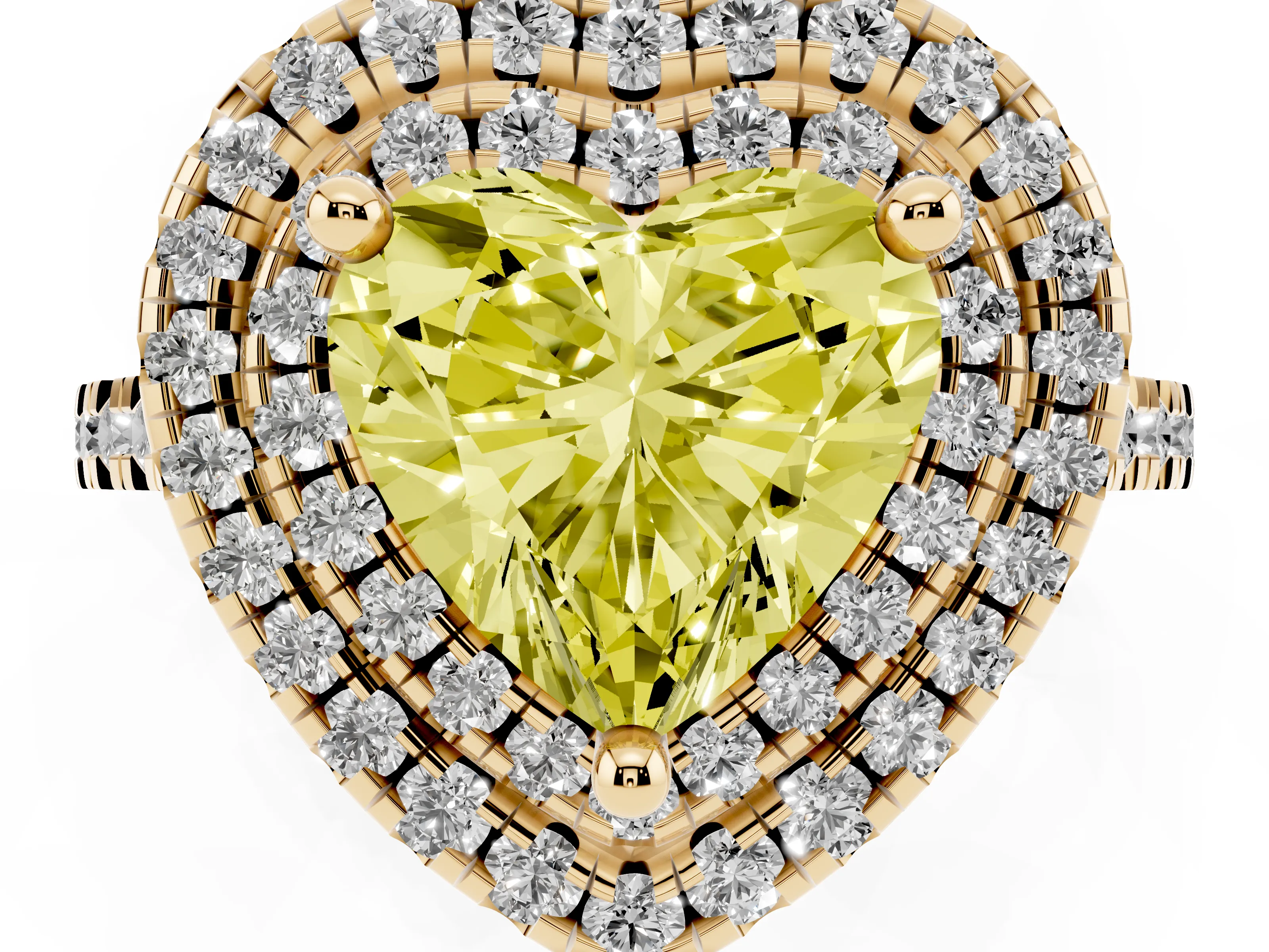 Fancy Yellow Heart Cut Diamond Double Halo Statement Ring Set in Yellow gold with Pavé Band