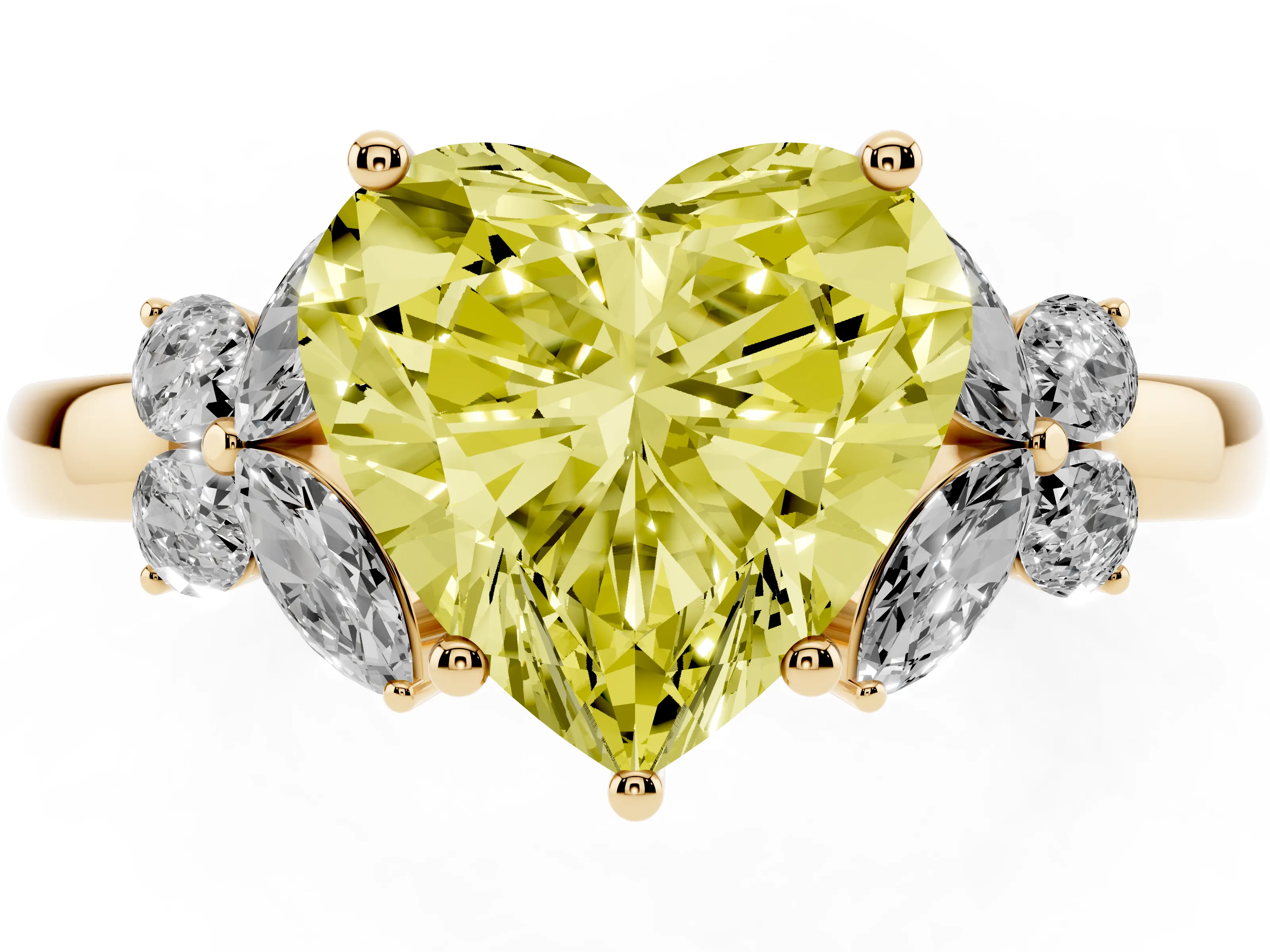 Fancy Yellow Heart Cut Diamond Solitaire Floral Ring Set in Yellow gold with Marquise Petals and Prong Setting