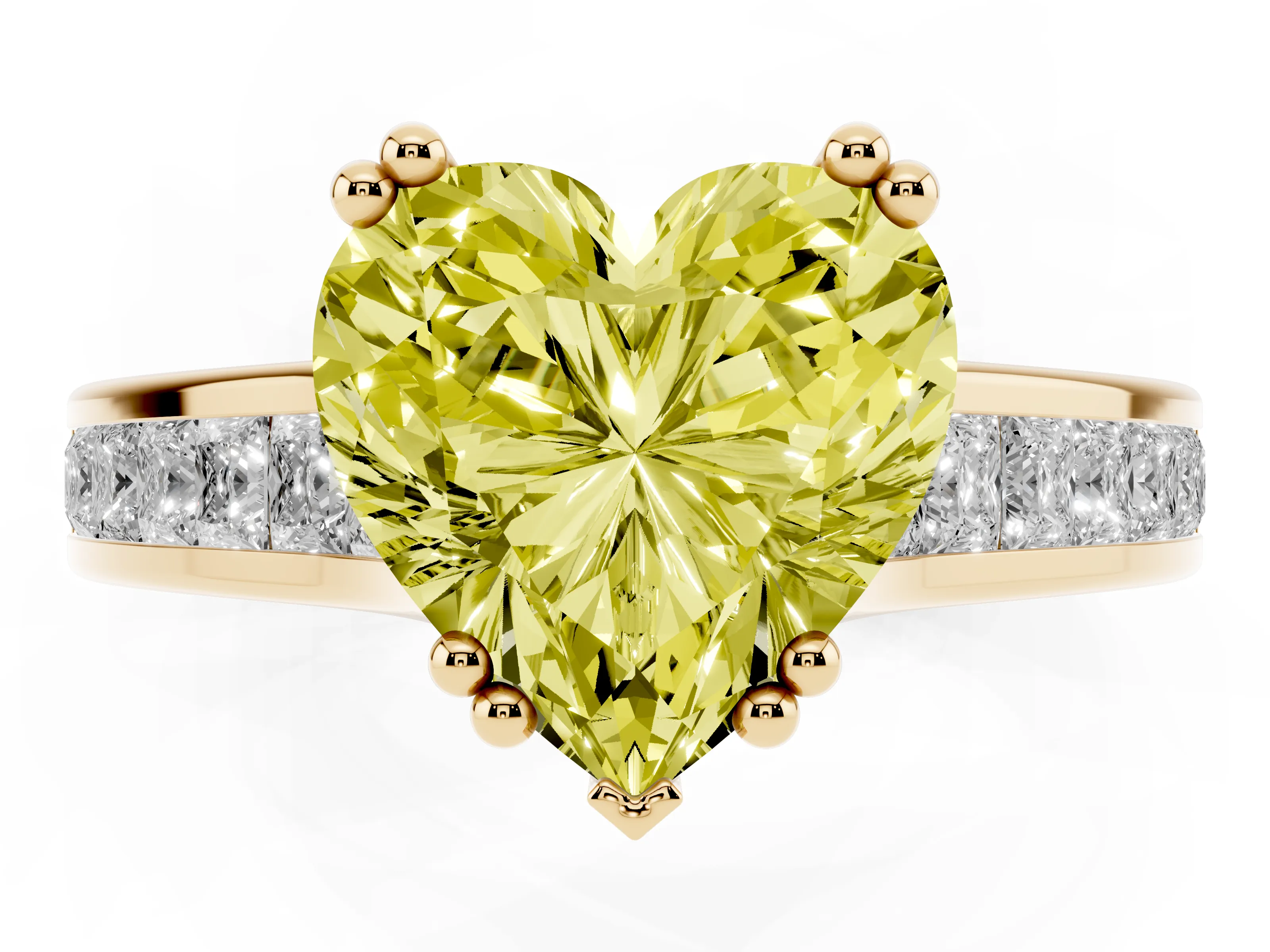 Fancy Yellow Heart Cut Diamond Channel Set Solitaire Engagement Ring Set in Yellow gold with Prong Setting