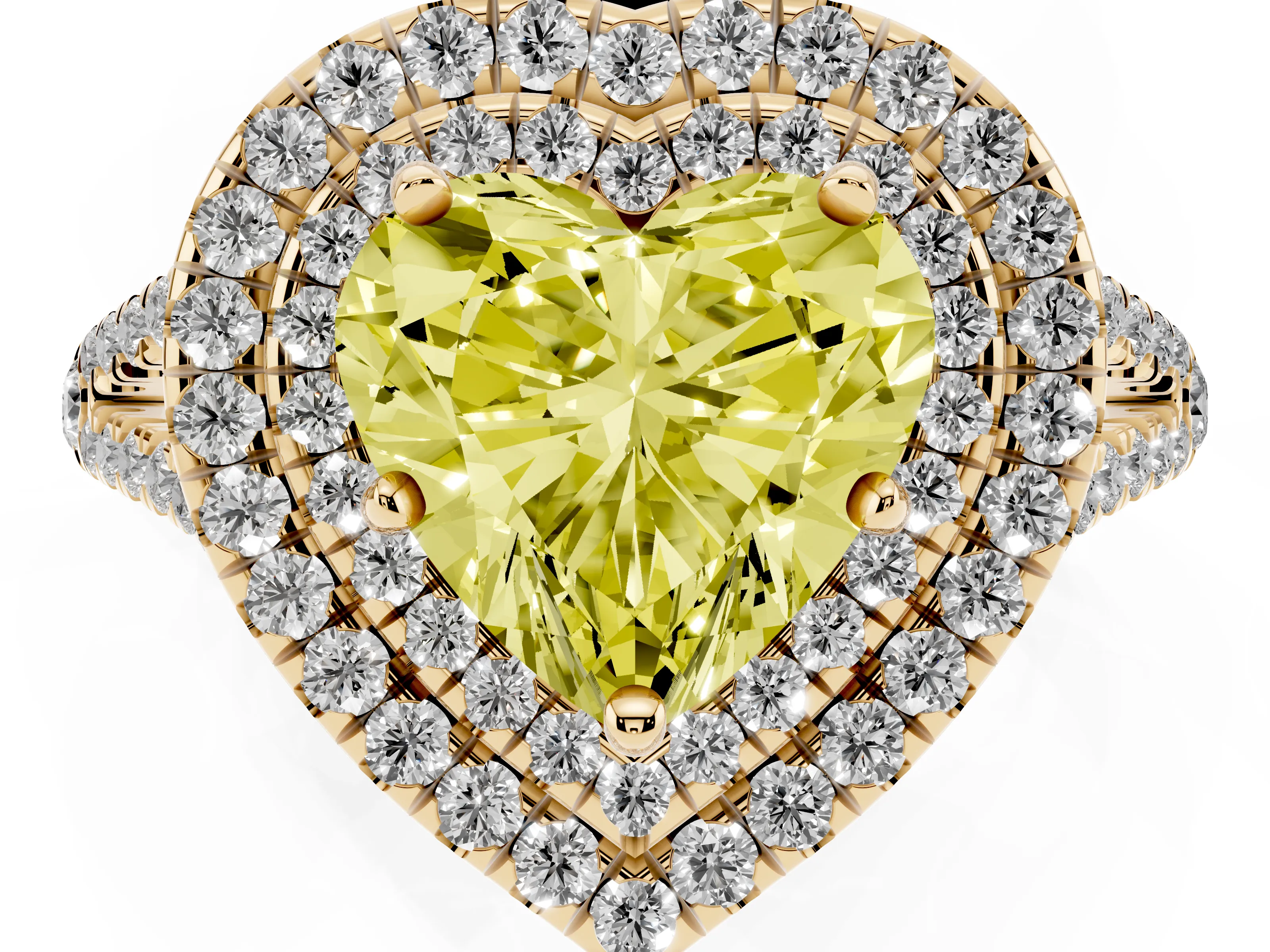 Fancy Yellow Heart Cut Diamond Double Halo Ring Set in Yellow gold with Pavé Band