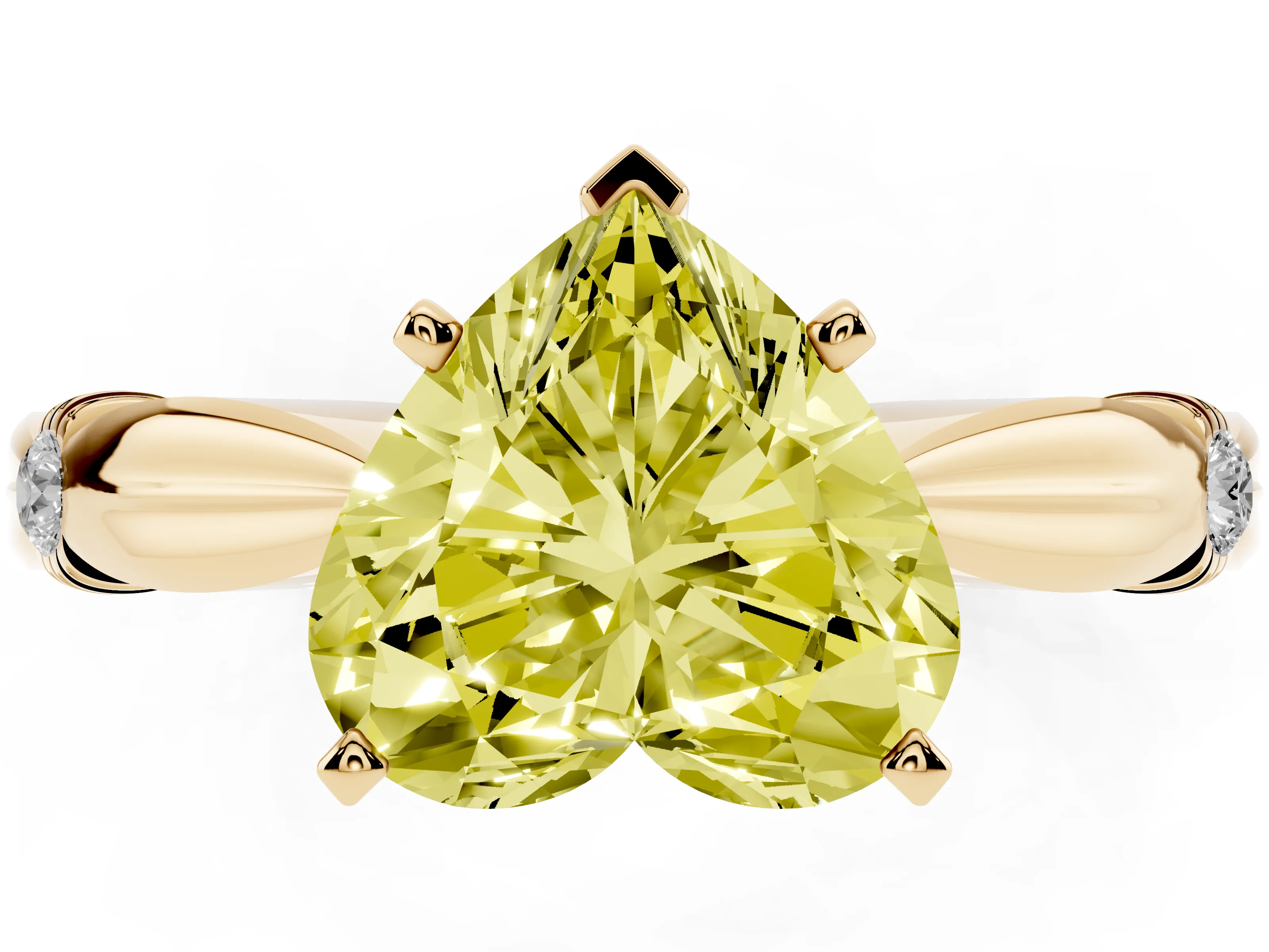 Fancy Yellow Heart Cut Diamond Solitaire Twisted Band Ring Set in Yellow gold with Accent Stones and Prong Setting