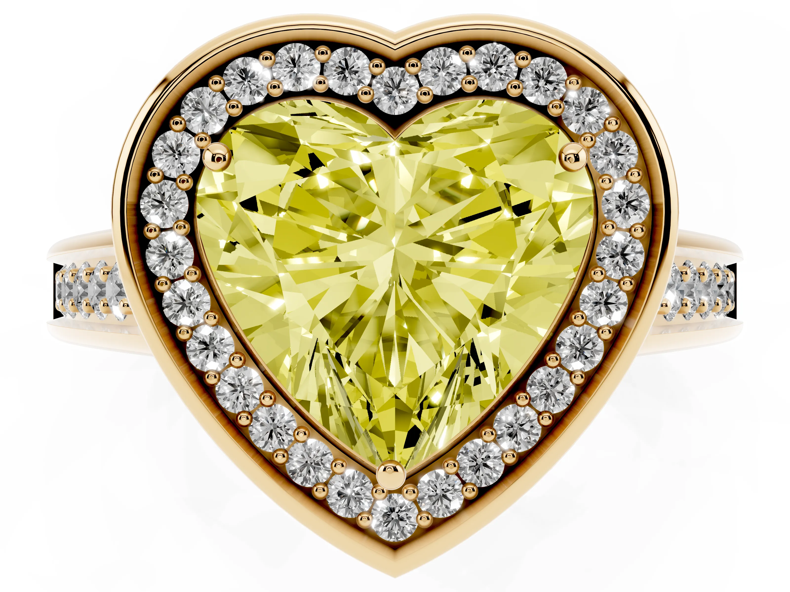 Fancy Yellow Heart Cut Diamond Halo Solitaire Ring Set in Yellow gold with Pavé Band and Bezel Setting