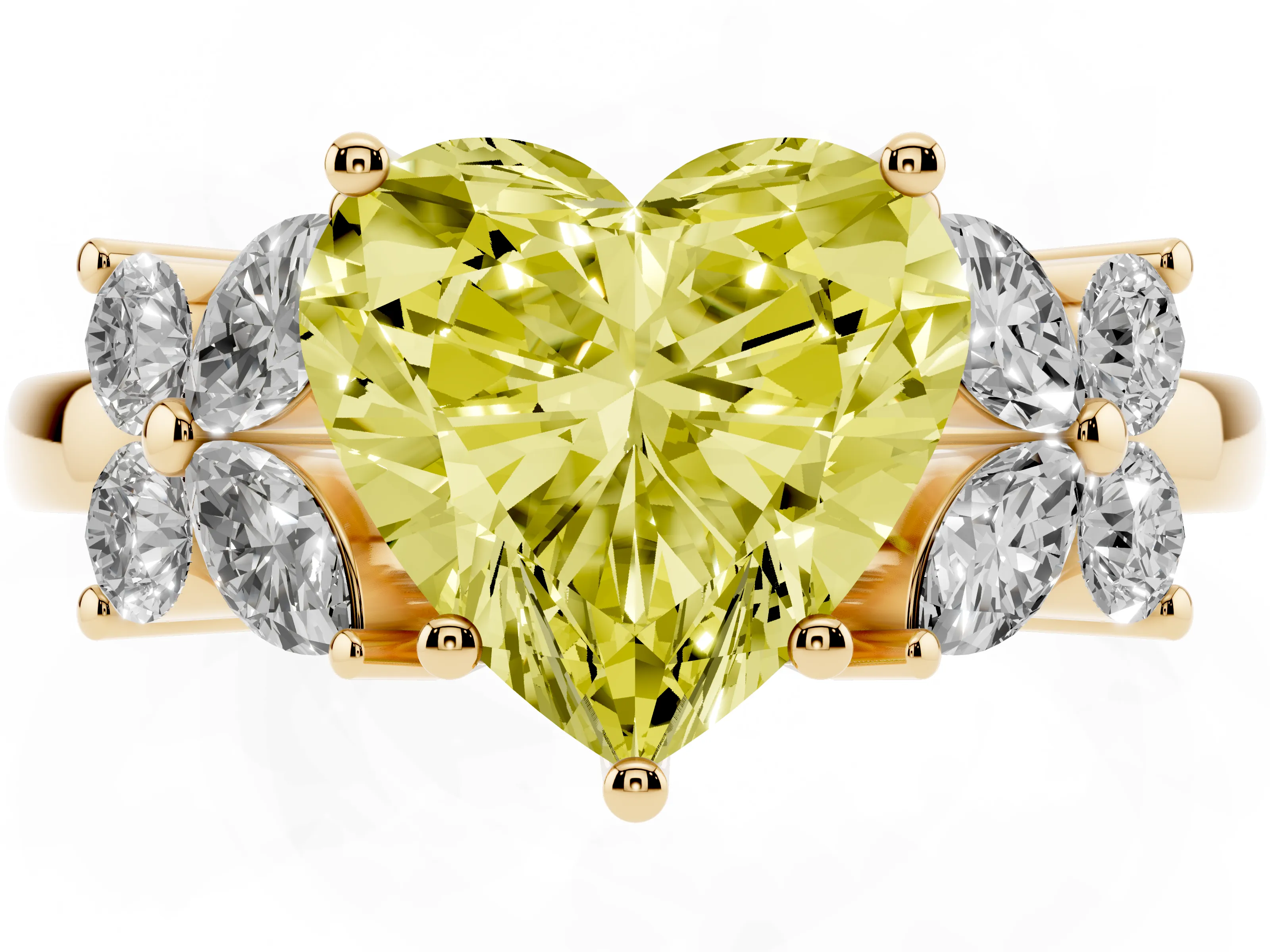 Fancy Yellow Heart Cut Diamond Floral Cluster Ring Set in Yellow gold with Marquise Petals and Prong Setting