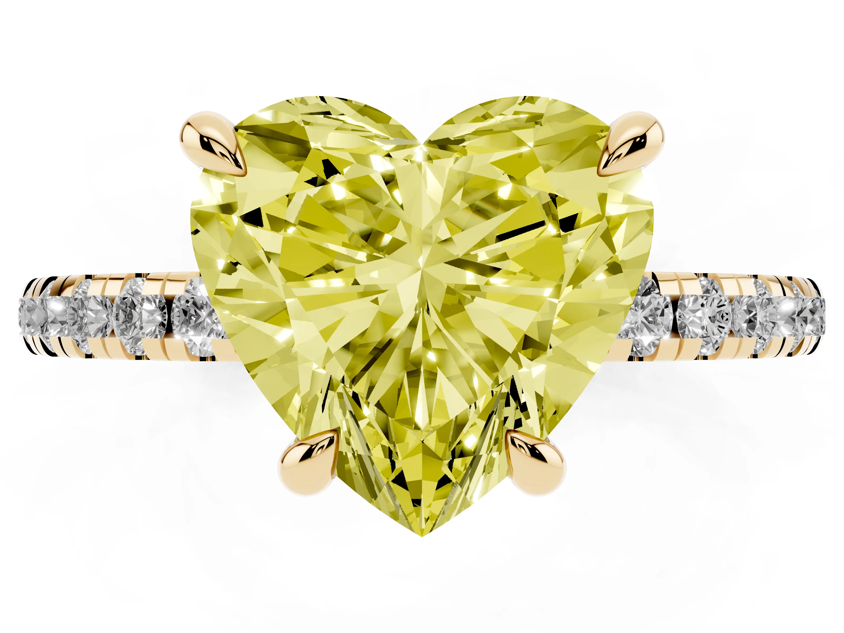 Fancy Yellow Heart Cut Diamond Brilliant Solitaire Ring Set in Yellow gold with Pavé Band and Prong Setting