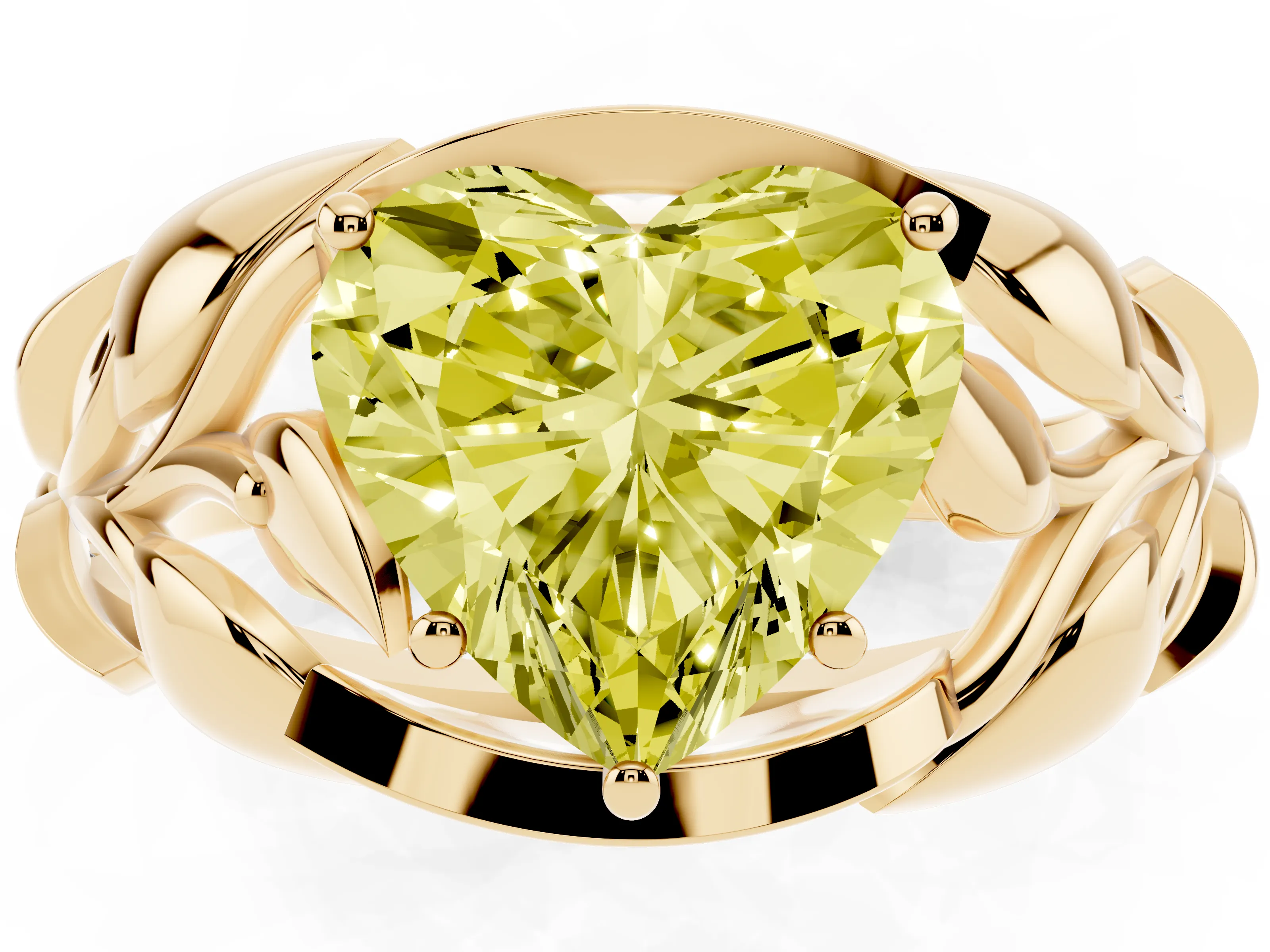 Fancy Yellow Heart Cut Diamond Leaf-Inspired Engagement Ring Set in Yellow gold with Round Accents