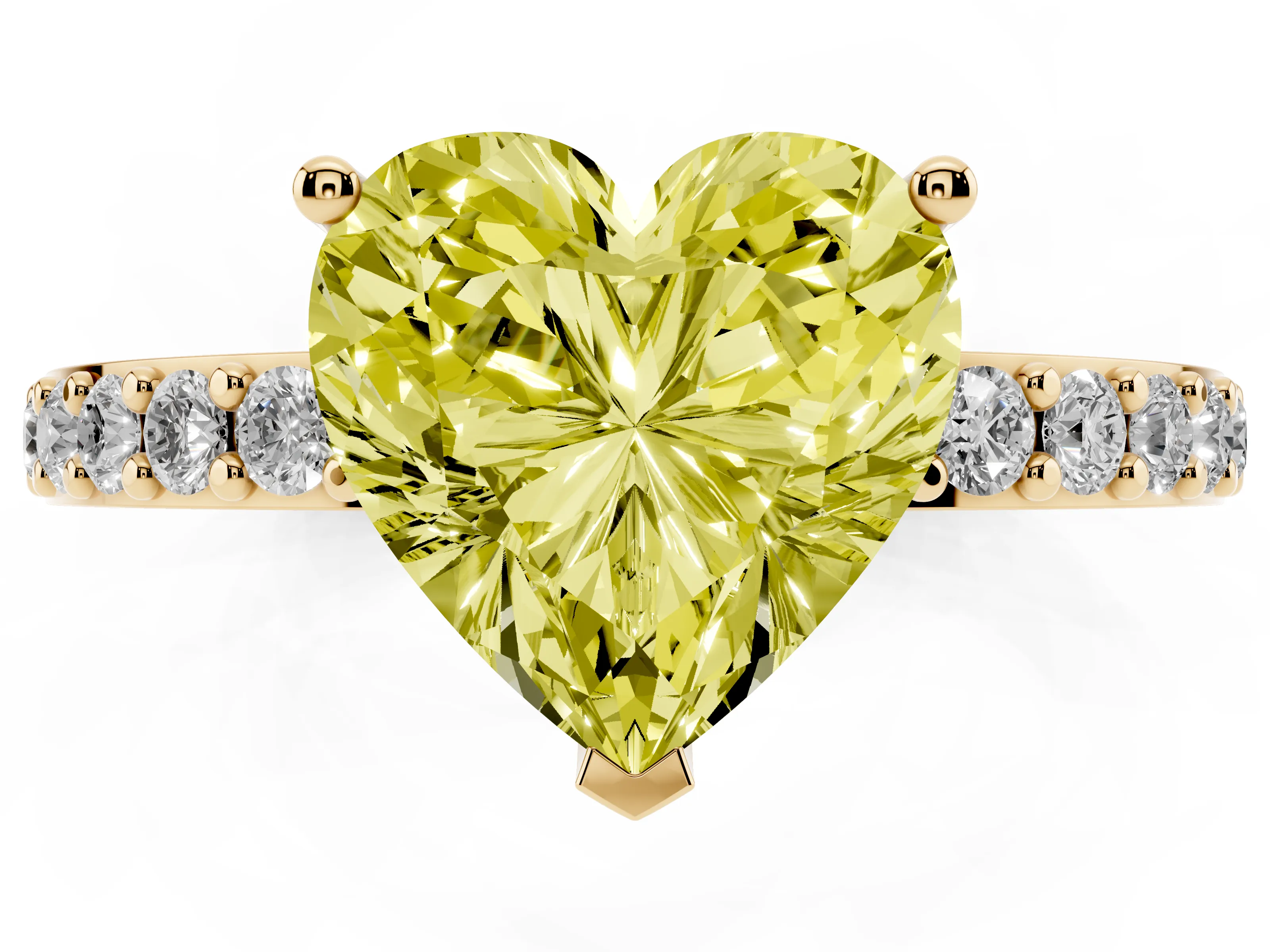 Fancy Yellow Heart Cut Diamond Solitaire Set in Yellow gold with Round Pavé Band and Prong Setting