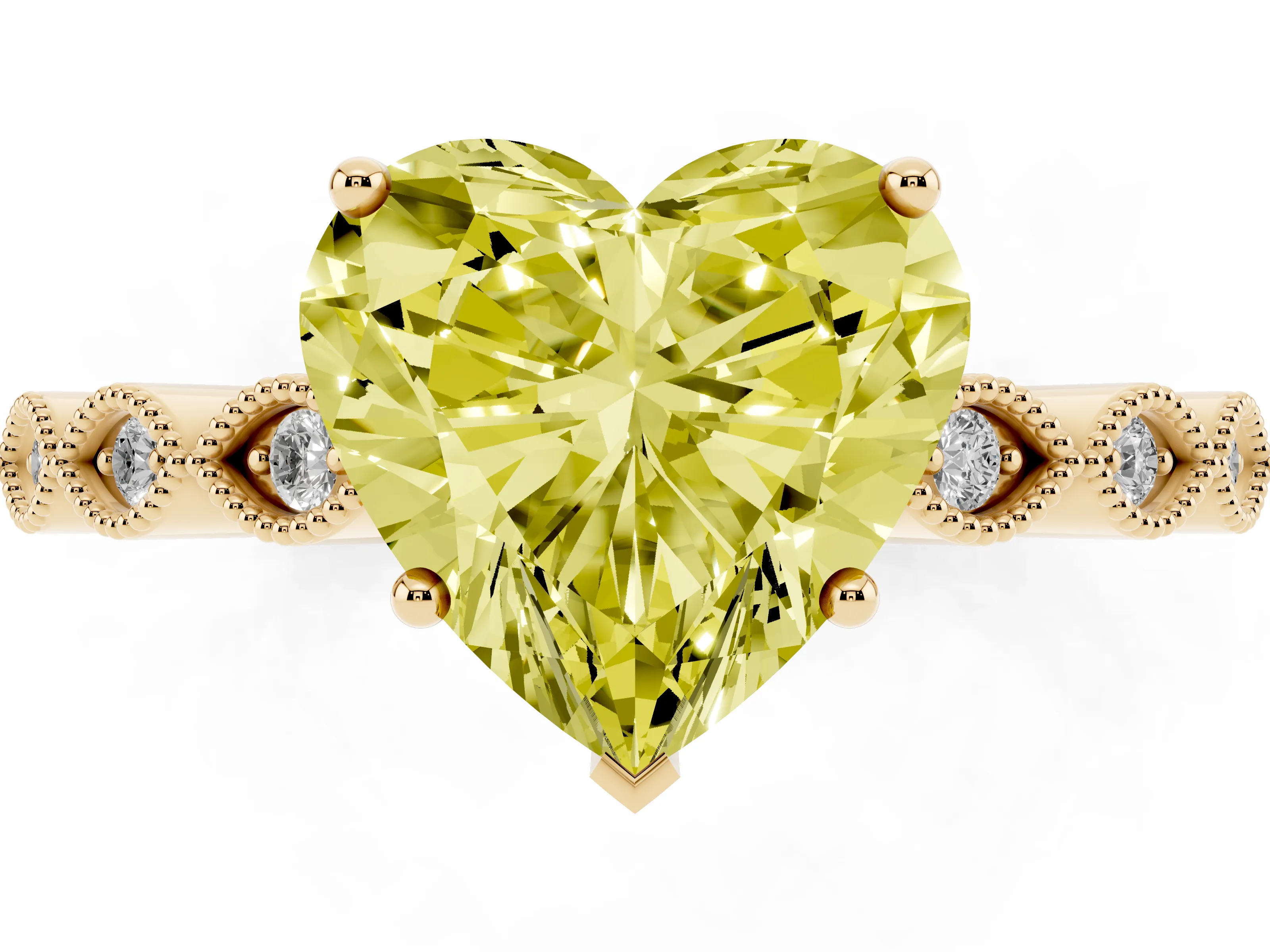 Fancy Yellow Heart Cut Diamond Solitaire Ring Set in Yellow gold with Infinity Twist Pavé Band