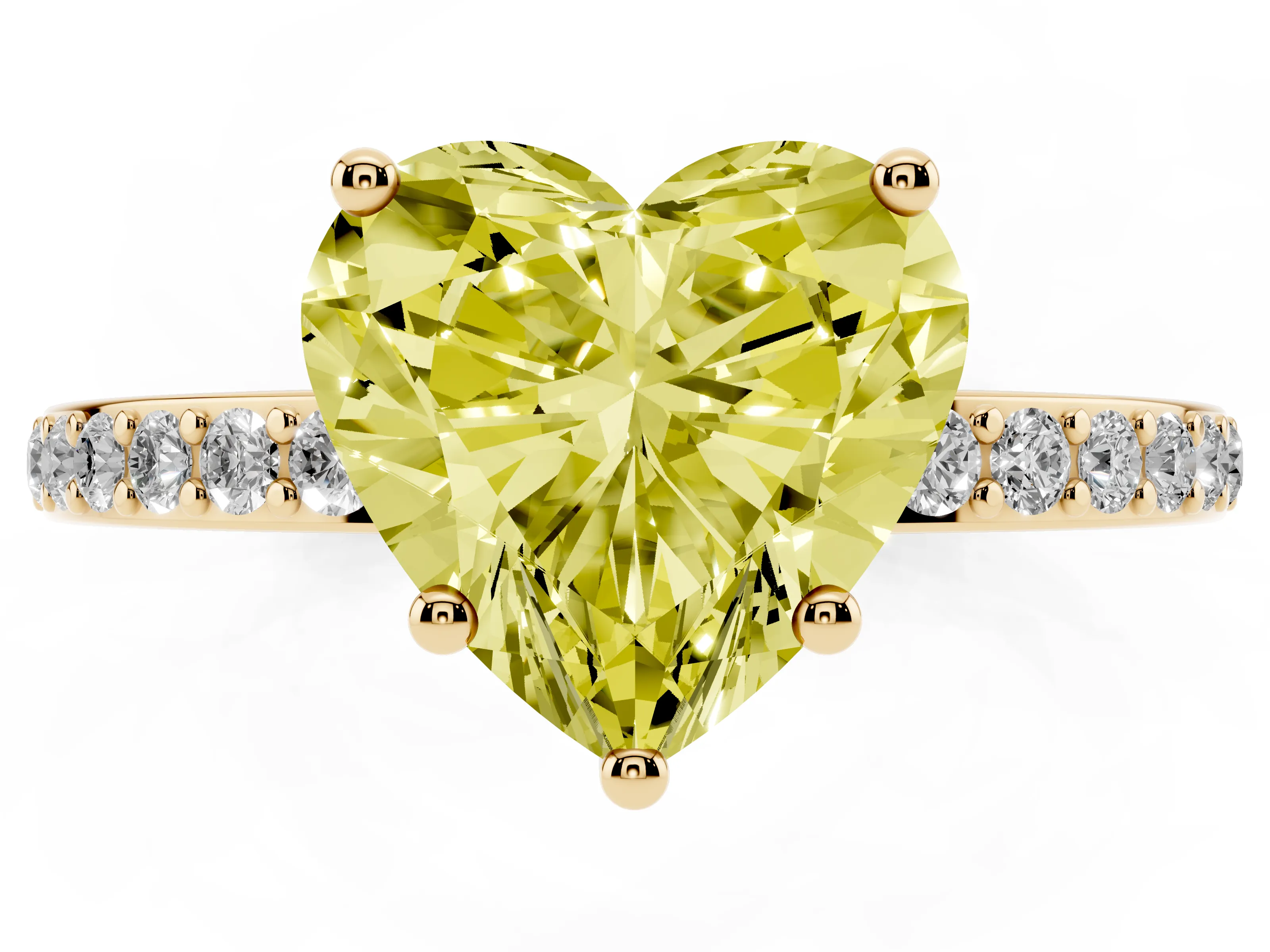 Fancy Yellow Heart Cut Diamond Pavé Band Ring Set in Yellow gold with Prong-Set Center Stone