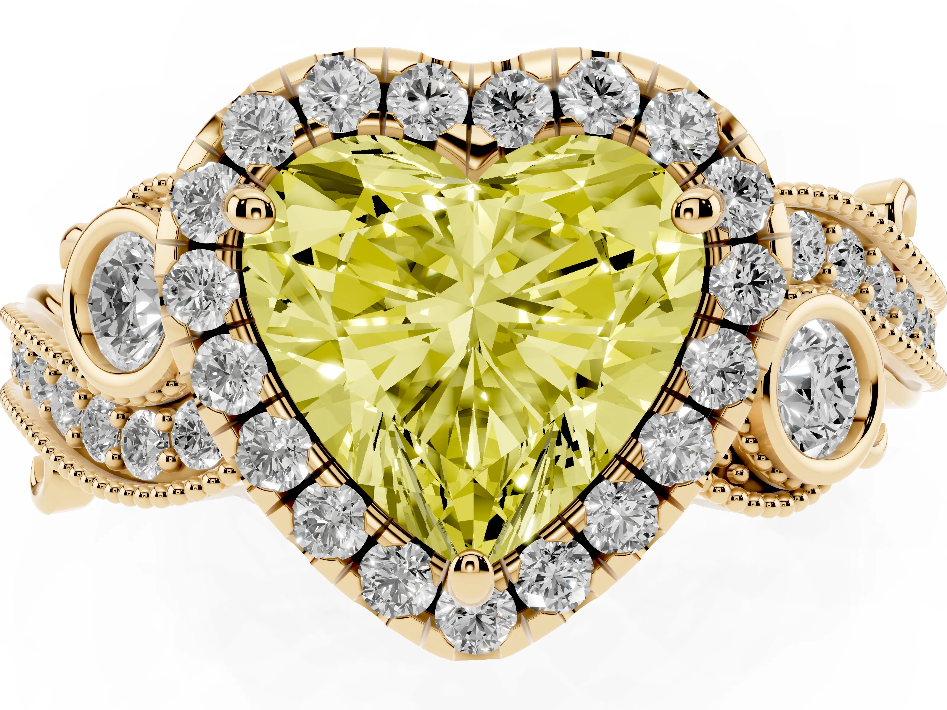 Fancy Yellow Heart Cut Diamond Halo Ring Set in Yellow gold with Milgrain Pavé Band and Prong Setting