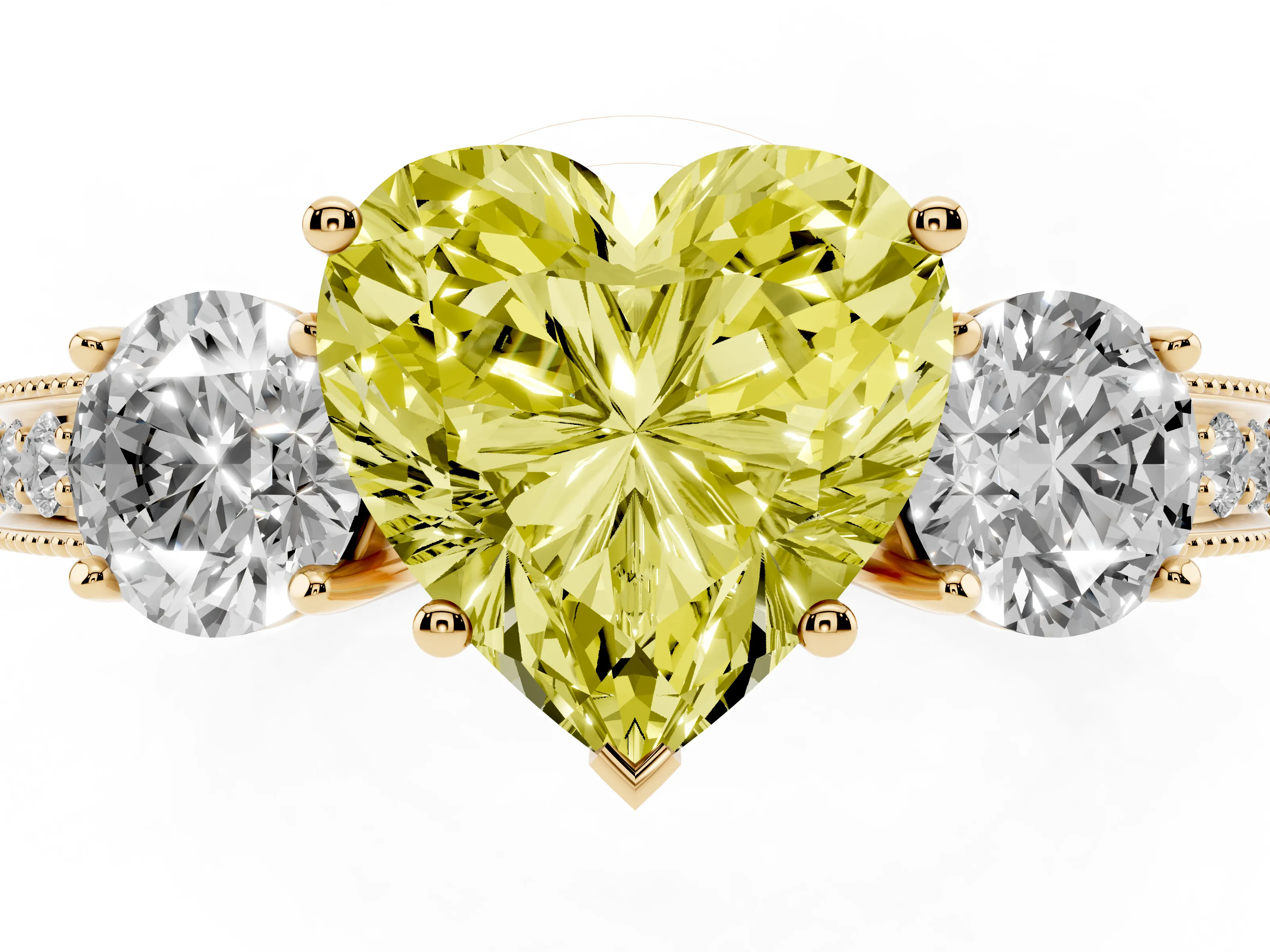 Fancy Yellow Heart Cut Diamond Three-Stone Ring Set in Yellow gold with Round Side Stones and Pavé Band