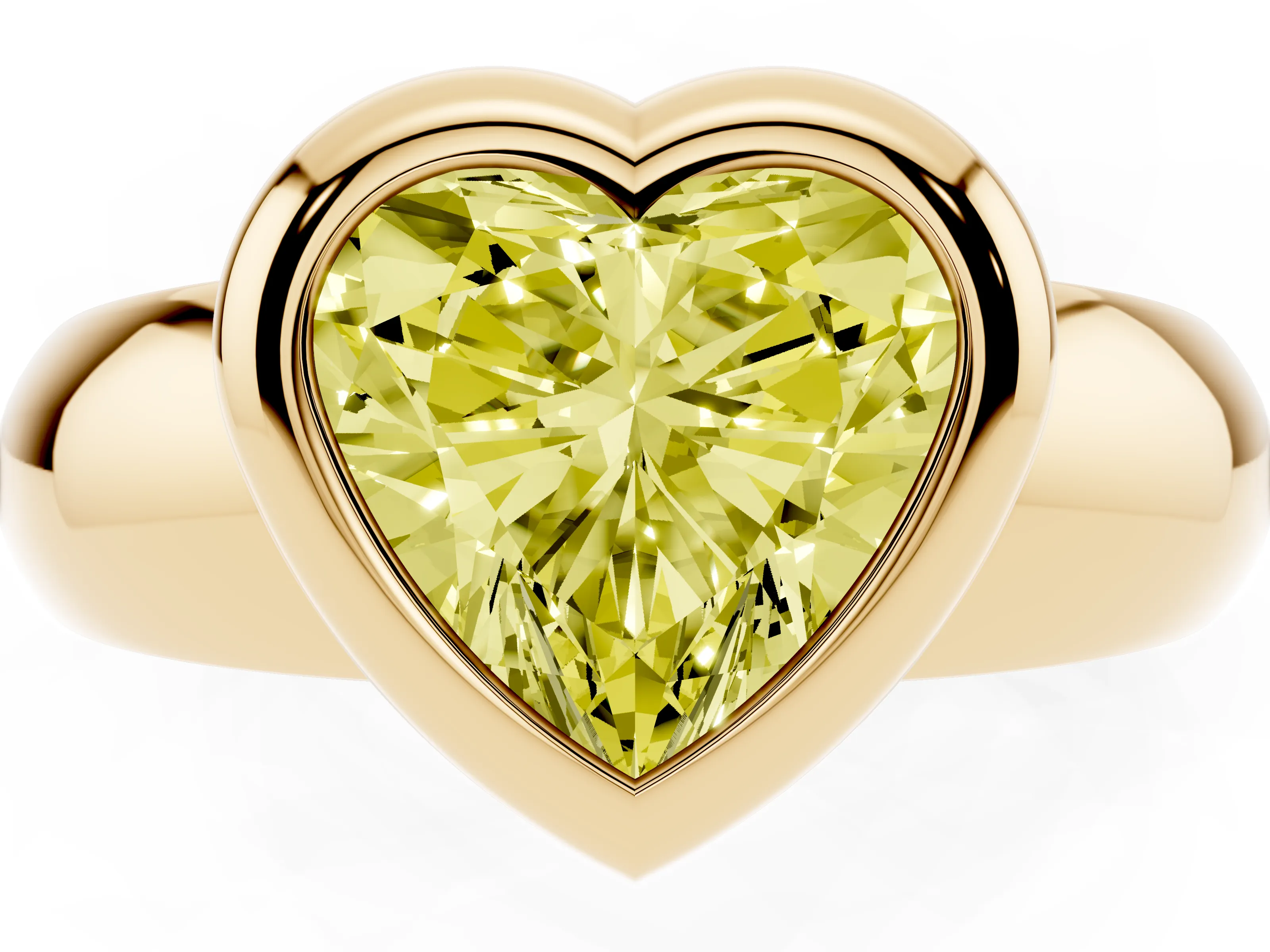 Fancy Yellow Bezel Set Heart Cut Diamond Solitaire Ring Set in Yellow gold with Wide Band