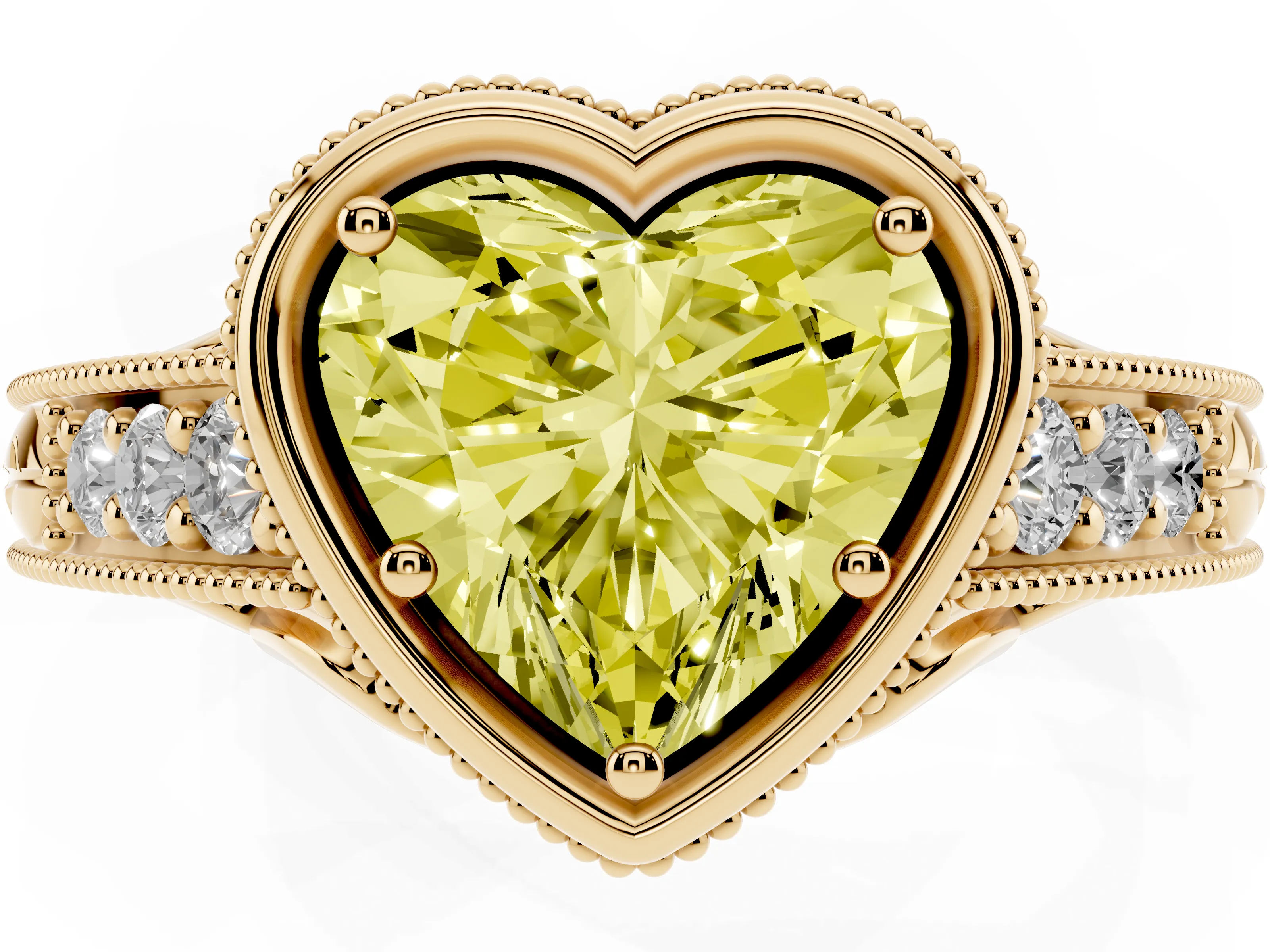 Fancy Yellow Bezel Set Heart Cut Diamond Milgrain Pavé Engagement Ring Set in Yellow gold