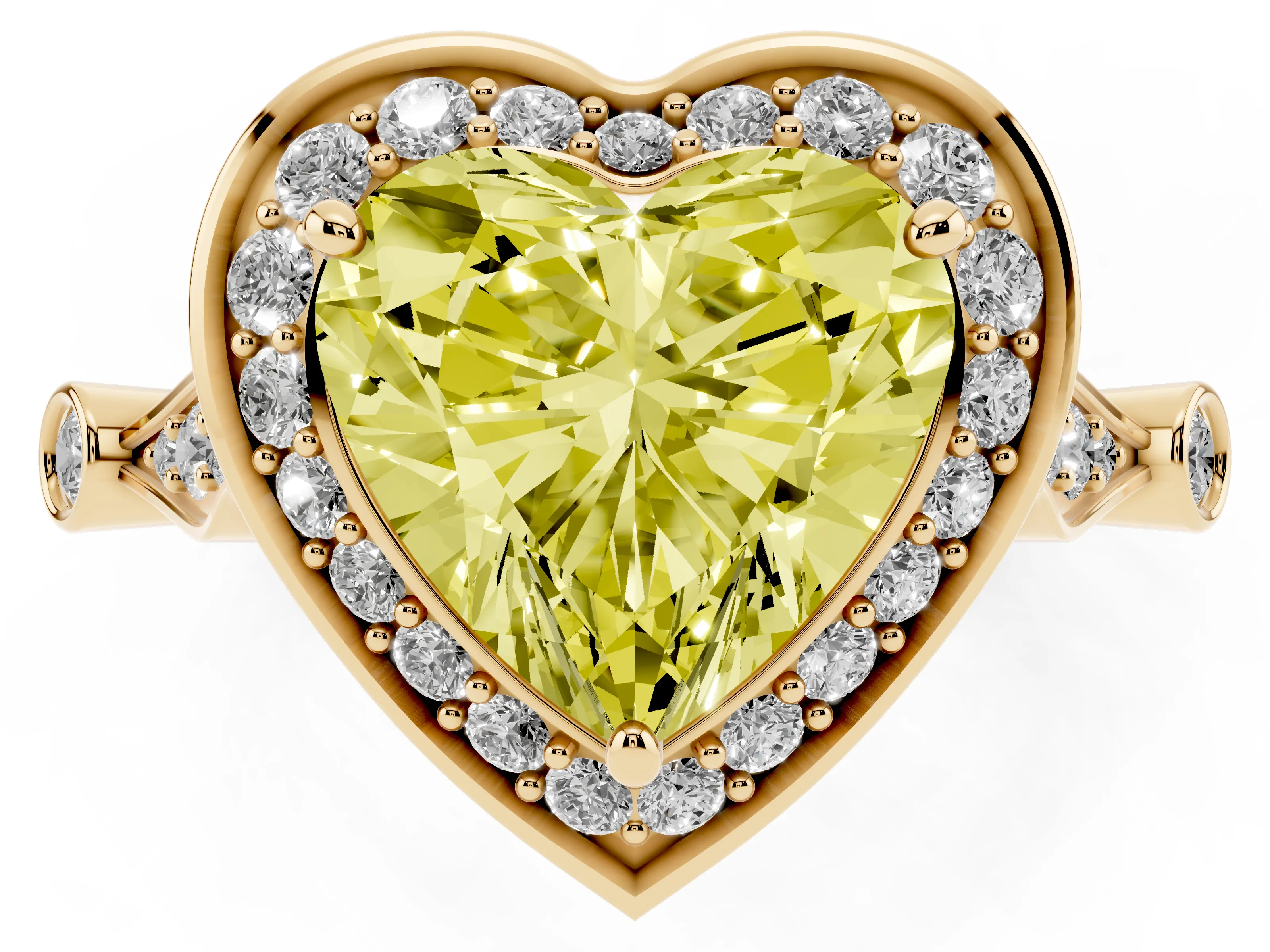 Fancy Yellow Heart Cut Diamond Halo Engagement Ring Set in Yellow gold with Twisted Band and Prong Setting