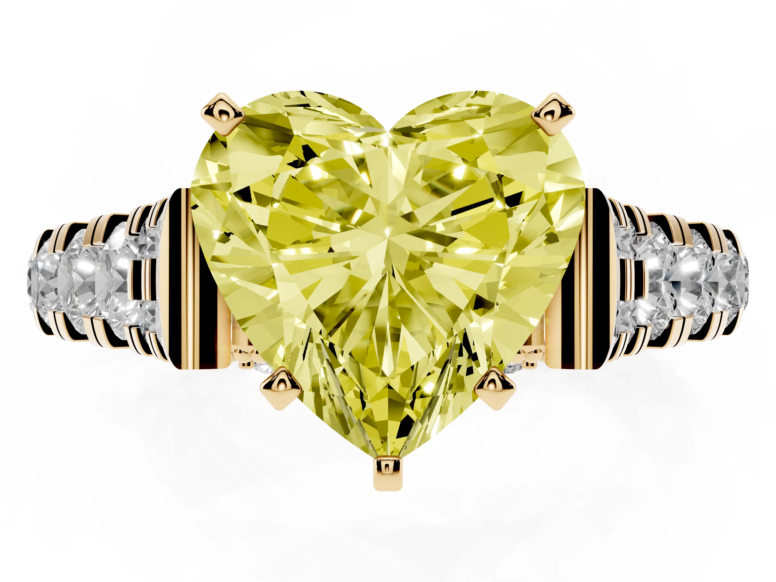 Fancy Yellow Heart Cut Diamond Classic Solitaire Ring Set in Yellow gold with Pavé Band and Prong Setting