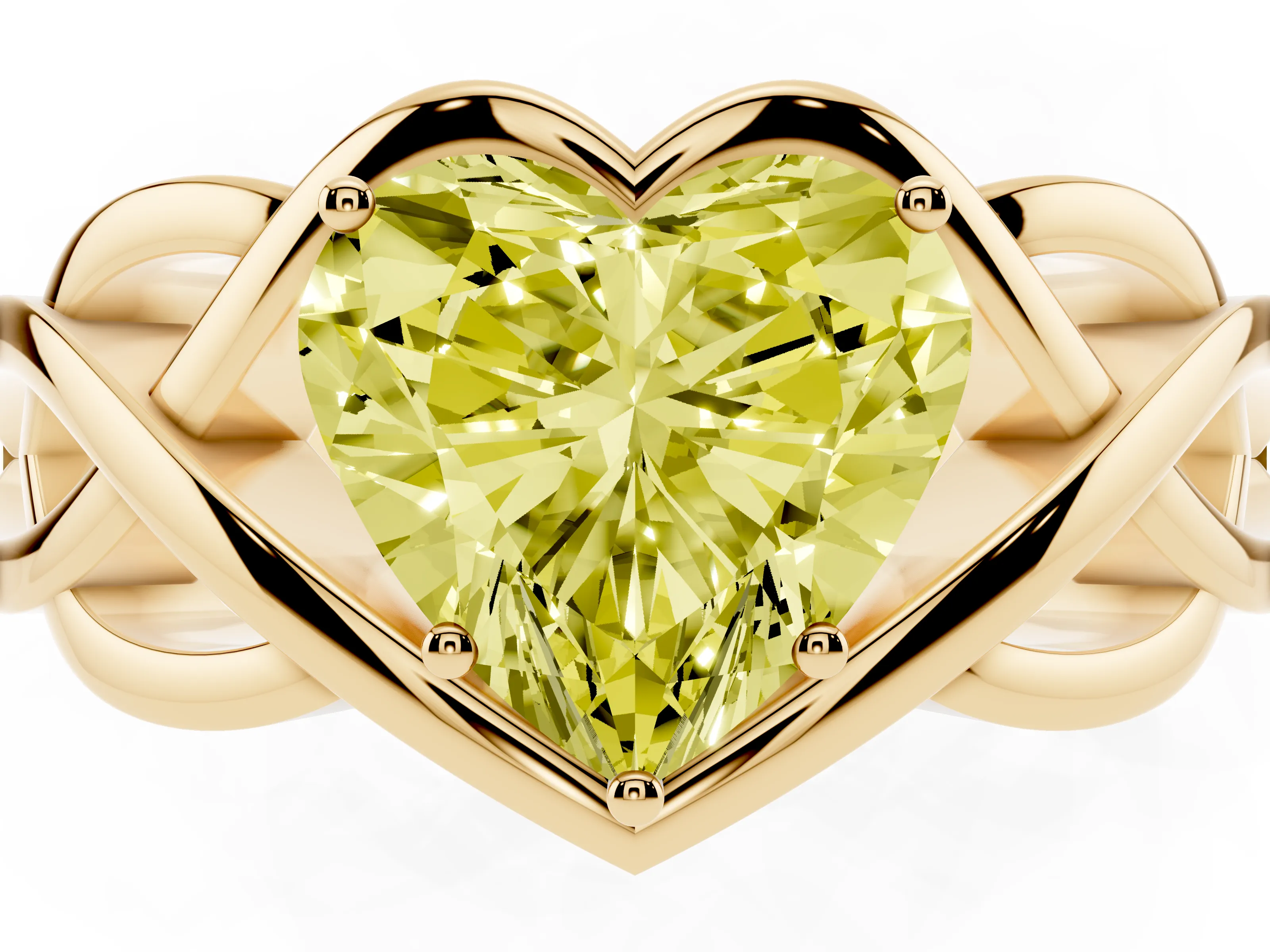 Fancy Yellow Heart Cut Diamond Solitaire Ring Set in Yellow gold with Intertwined Band