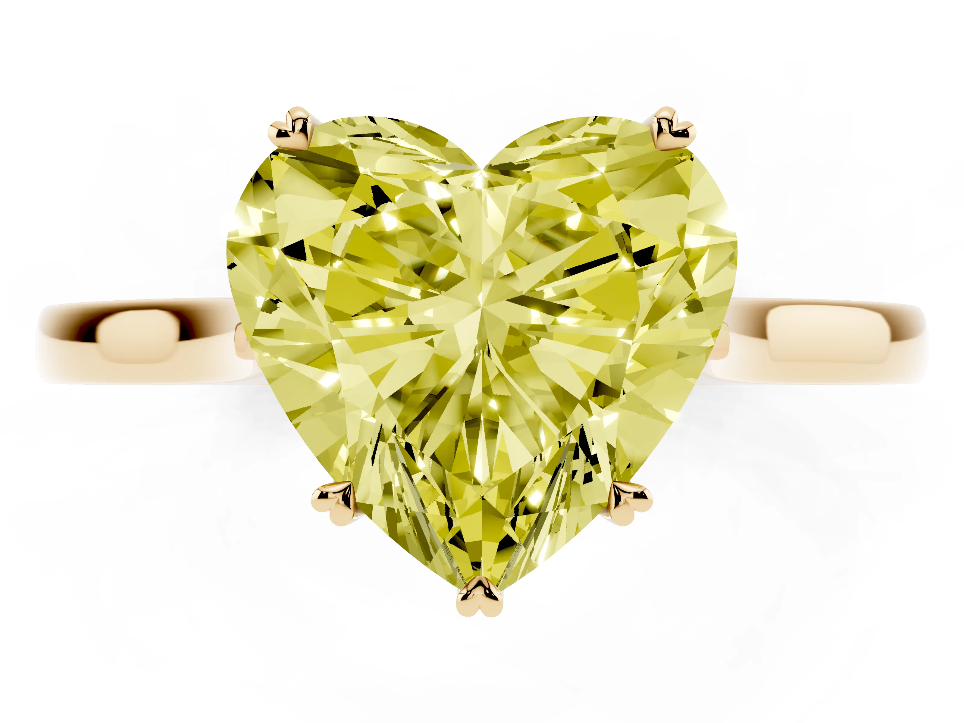 Fancy Yellow Heart Cut Diamond Solitaire Heart Prong Engagement Ring Set in Yellow gold with Tapered Band