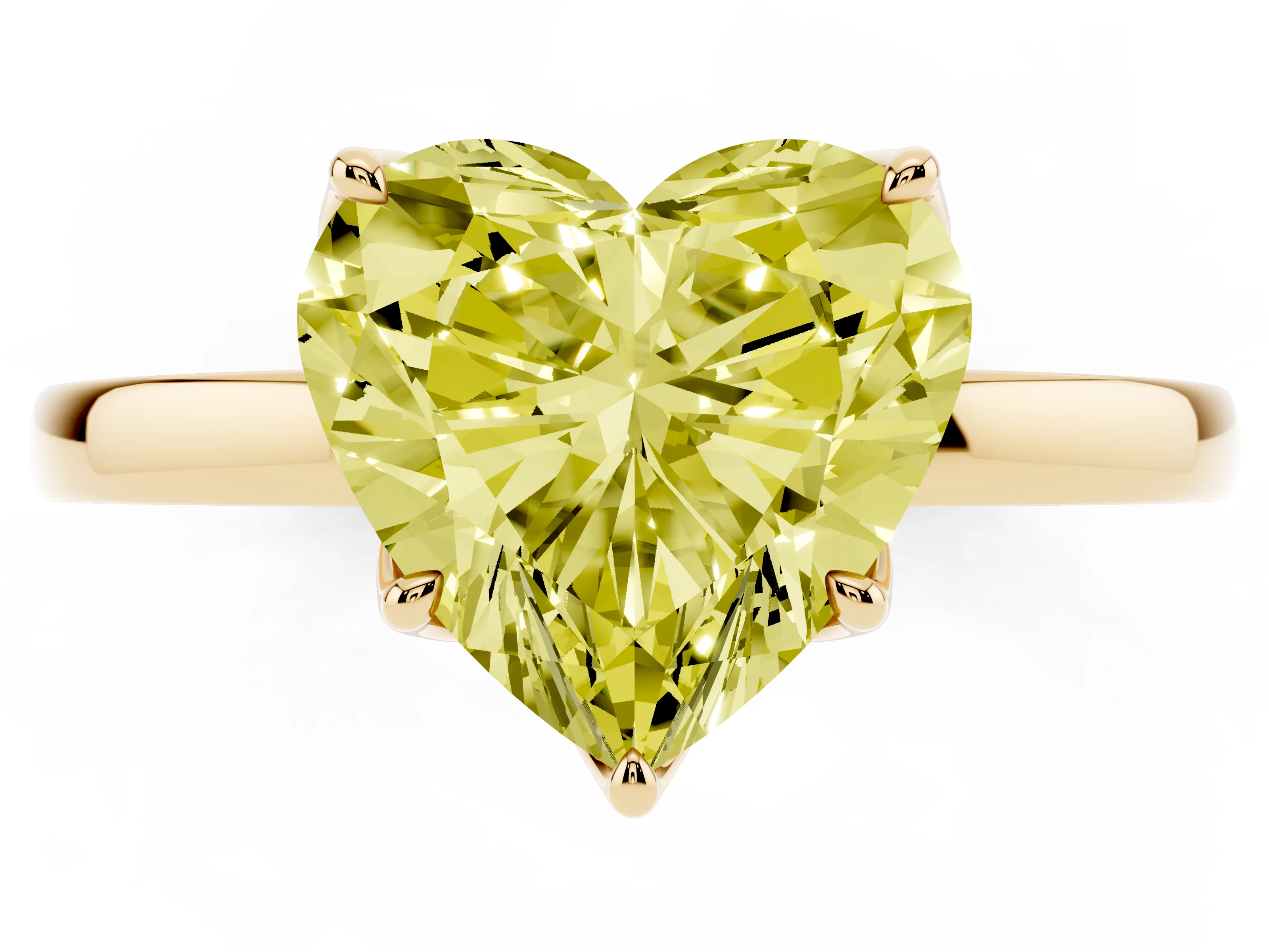 Fancy Yellow Heart Cut Diamond Solitaire Ring Set in Yellow gold with Prong Setting and Thin Polished Band