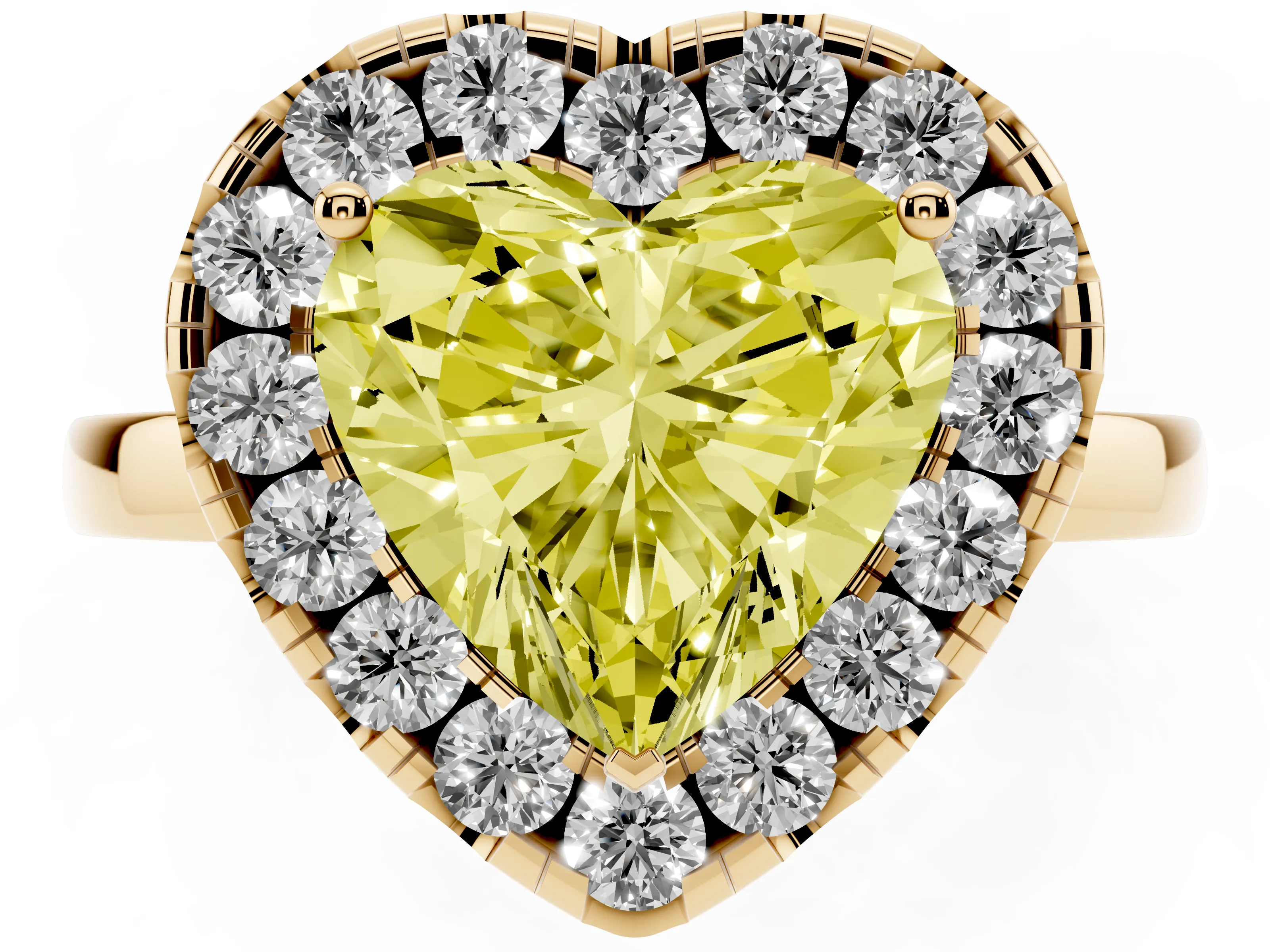 Fancy Yellow Heart Cut Diamond Halo Solitaire Ring Set in Yellow gold with Pavé Band and Prong Setting